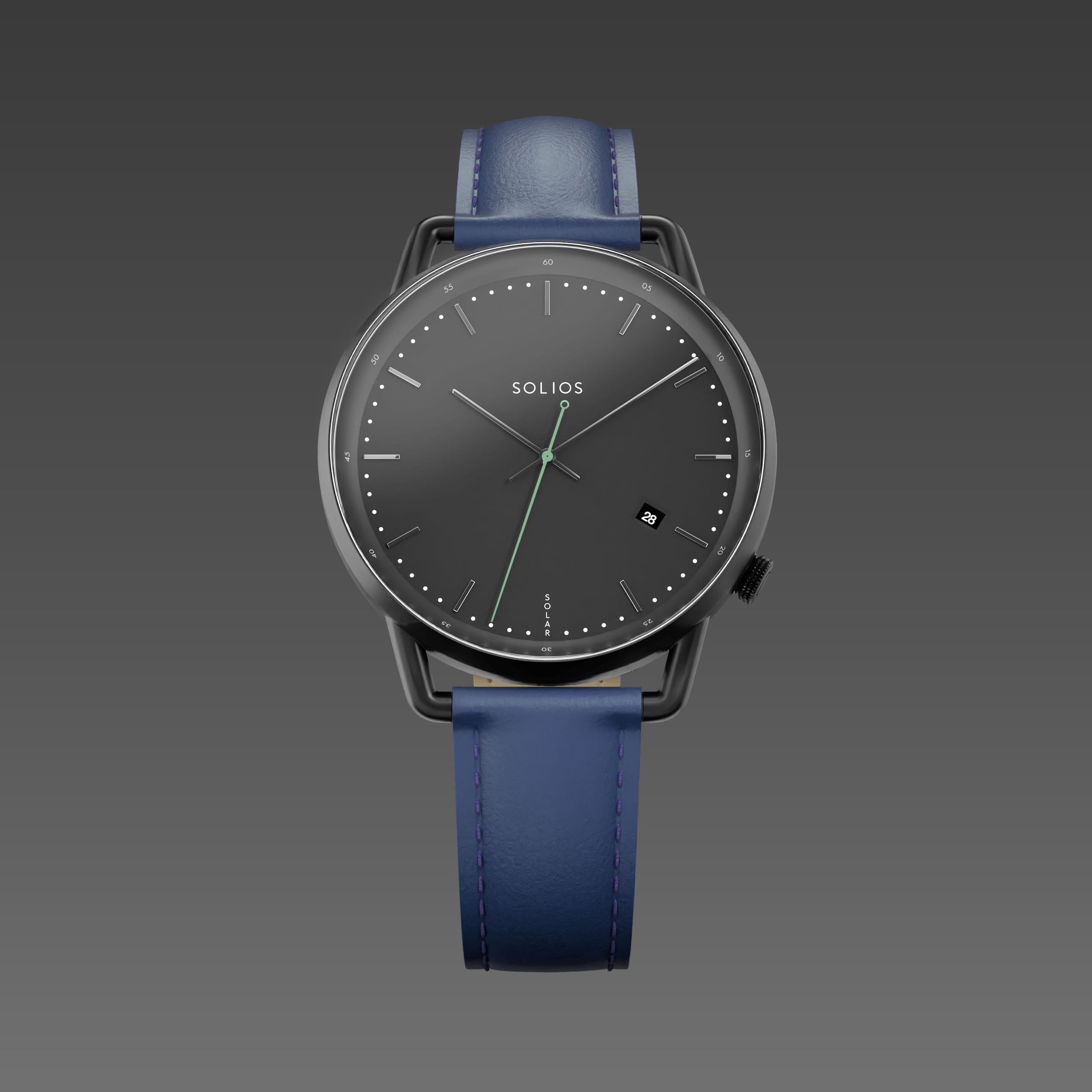 Solios Solar Curve watch, black dial and mat black 40mm case, on a blue vegan leather strap, front view