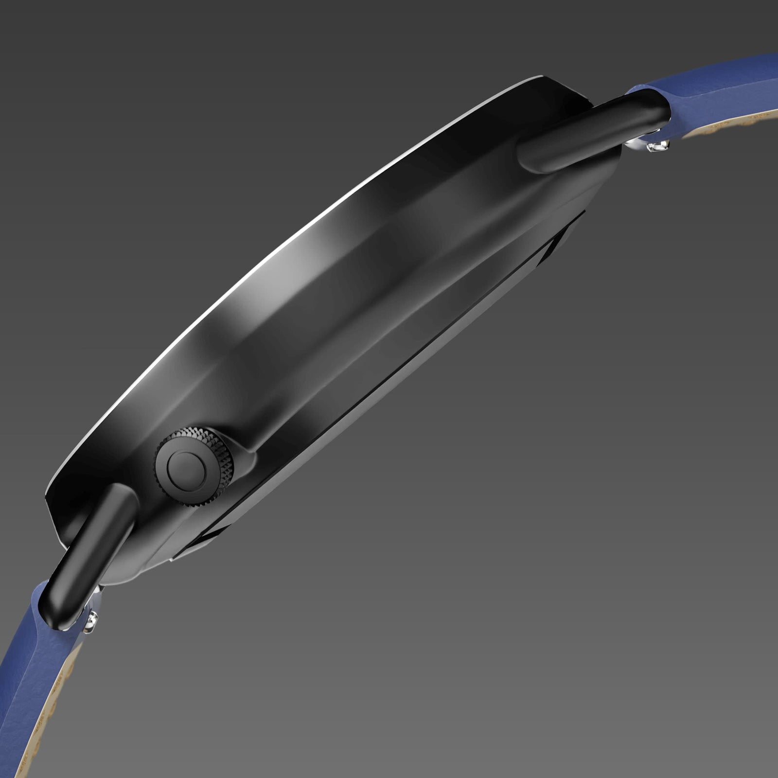 Side profile of the Solios Solar Curve, black dial and mat black case, showing its curved sapphire crystal and crown, blue vegan leather strap