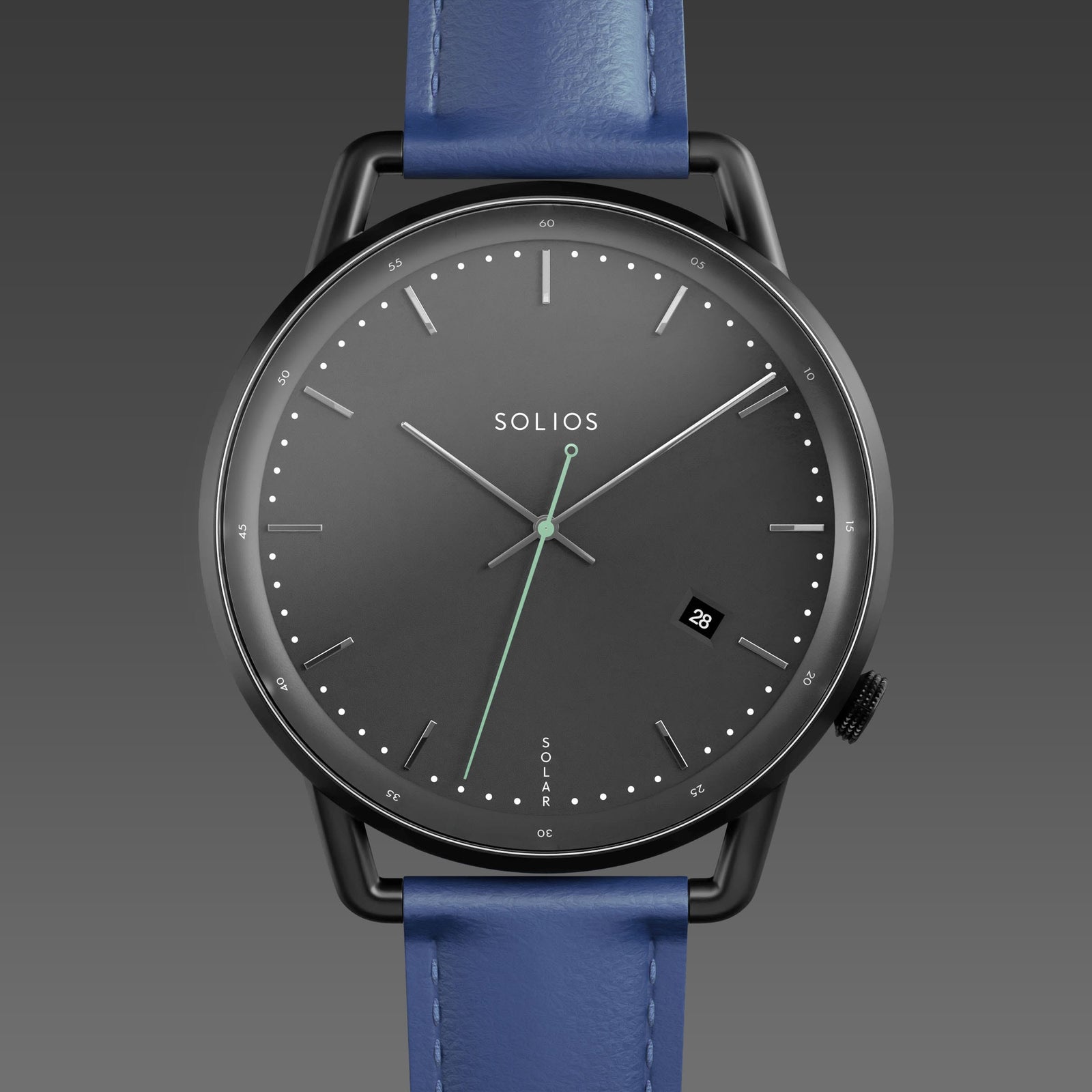 Solios Solar Curve solar watch, black dial and mat black 40mm case, blue eco vegan leather strap, close up front view