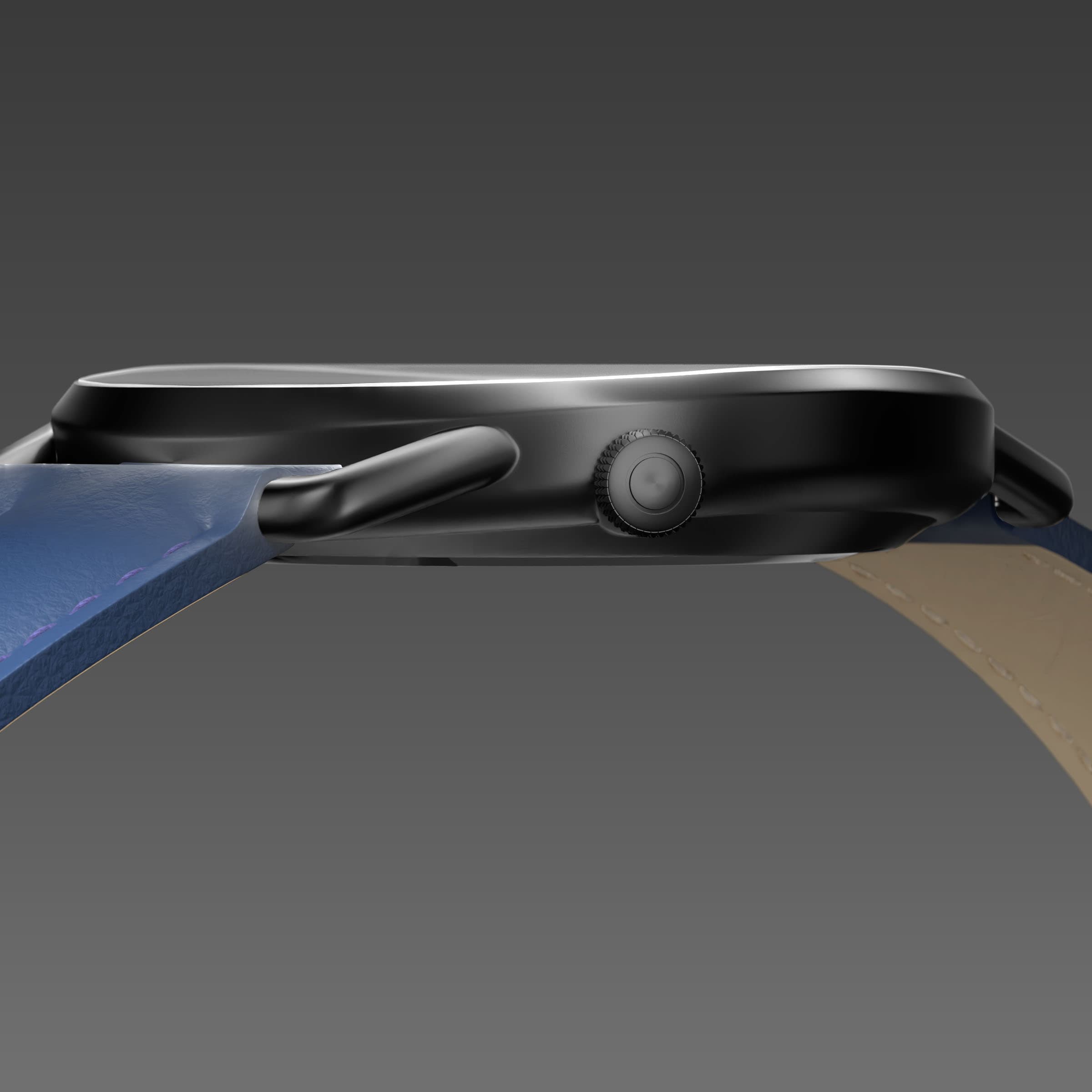 Side profile of the slim Solios Solar Curve, 10mm-thin mat black case and crown, the black dial variation, blue eco vegan leather strap