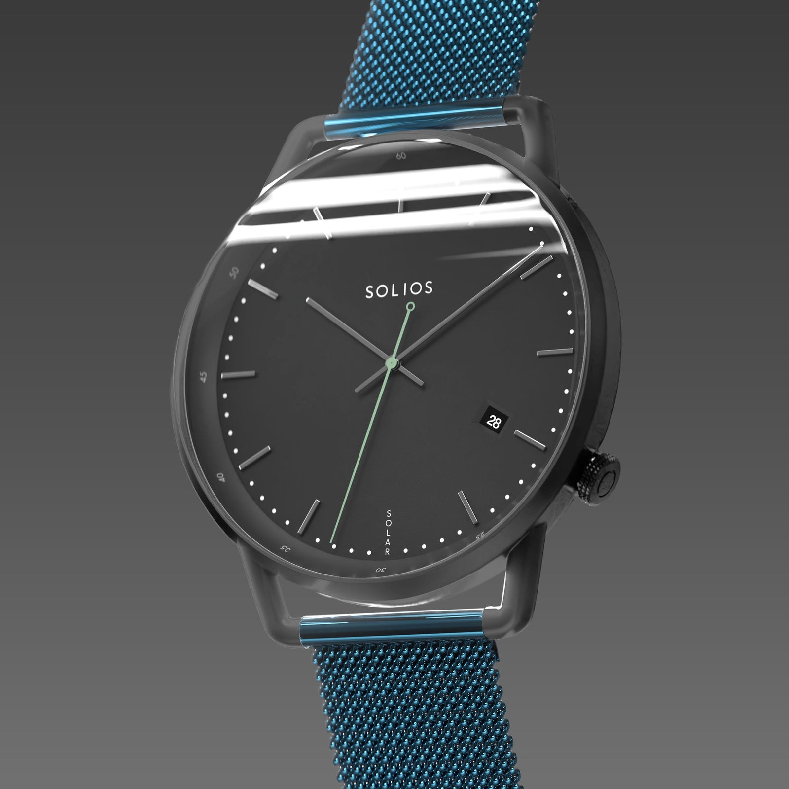 Solios Solar Curve, black dial and mat black case, at a three-quarter angle, silver hands and indices, green second hand, date calendar, curved sapphire crystal, metallic blue mesh metal strap