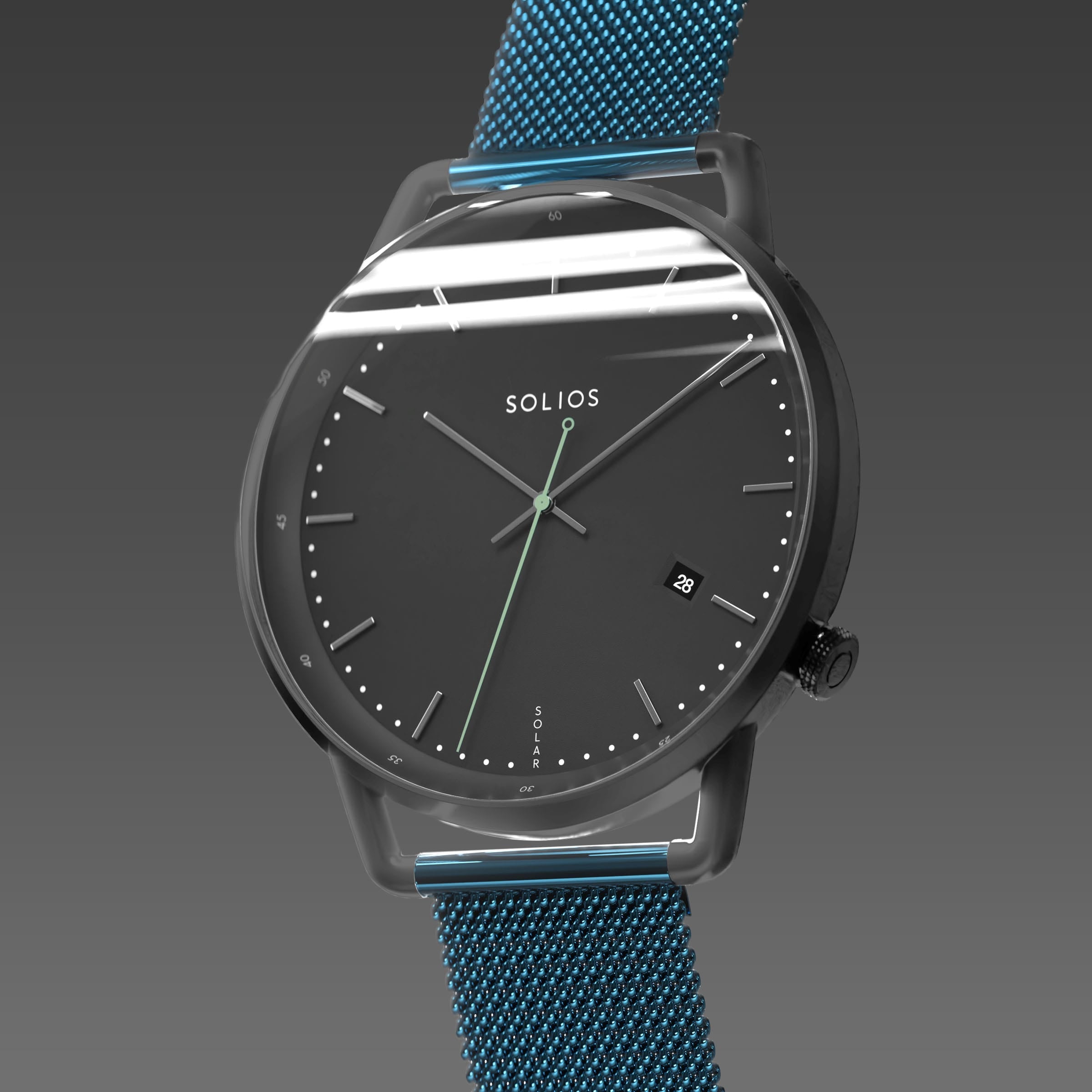 Solios Solar Curve, black dial and mat black case, at a three-quarter angle, silver hands and indices, green second hand, date calendar, curved sapphire crystal, metallic blue mesh metal strap