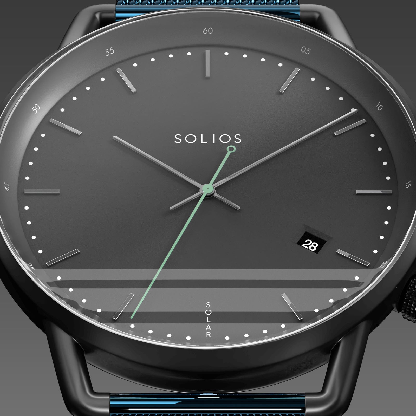 Close-up of the Solios Solar Curve black dial with silver hands hands, green second hand, date and SOLAR text, metallic blue mesh strap