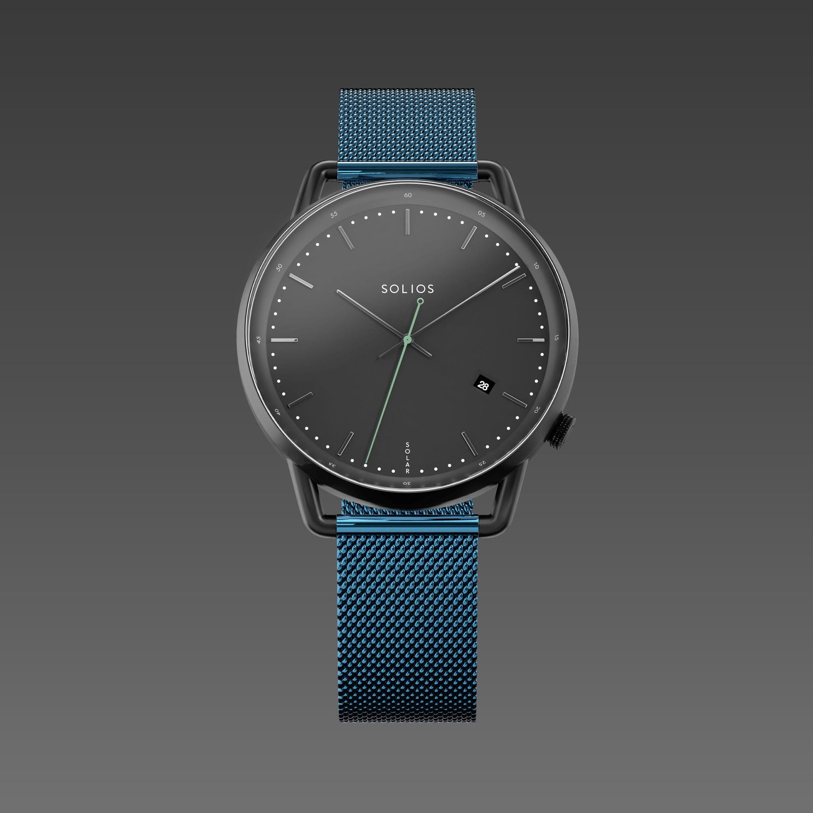 Solios Solar Curve watch, black dial and mat black 40mm case, on a metallic blue mesh metal strap, front view