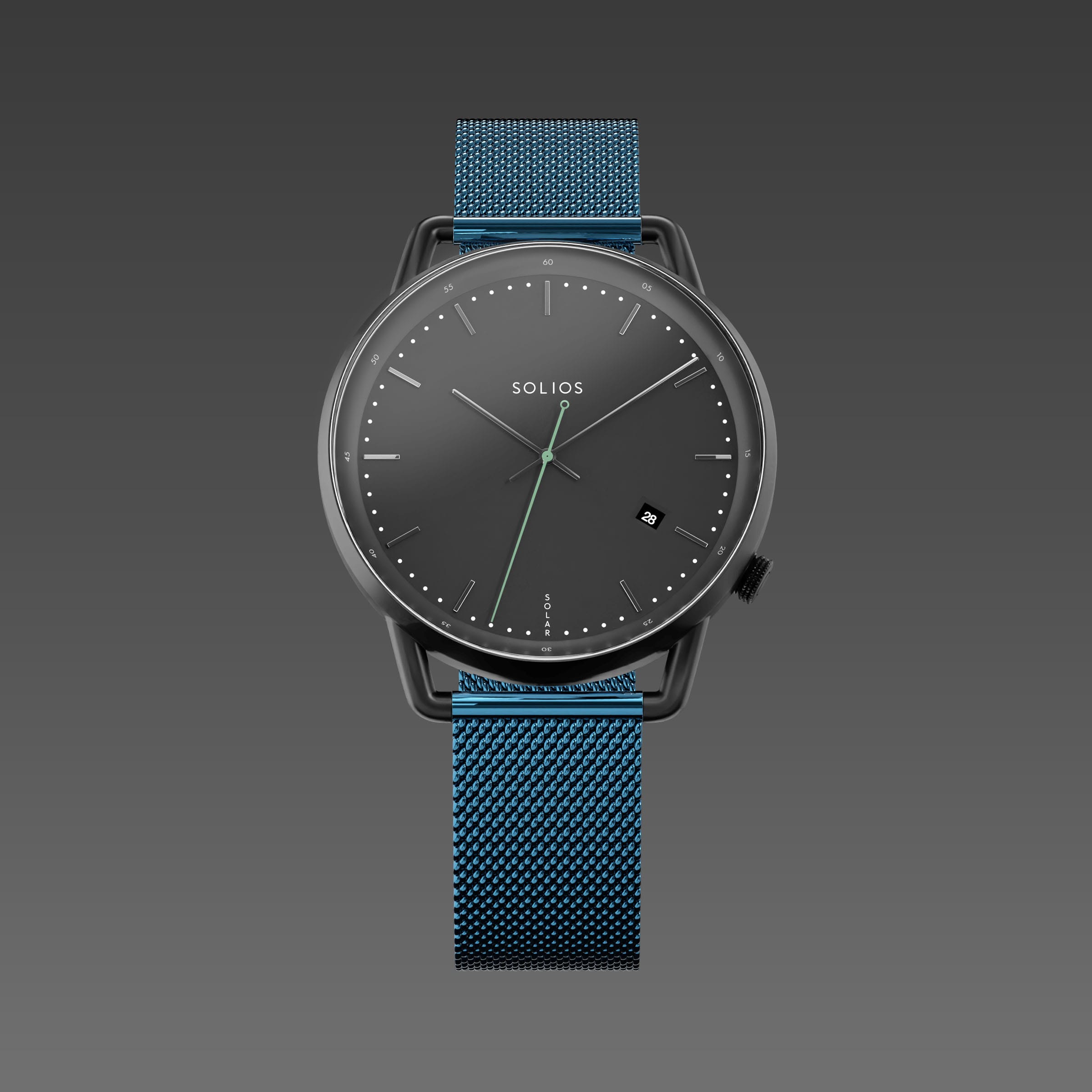 Solios Solar Curve watch, black dial and mat black 40mm case, on a metallic blue mesh metal strap, front view