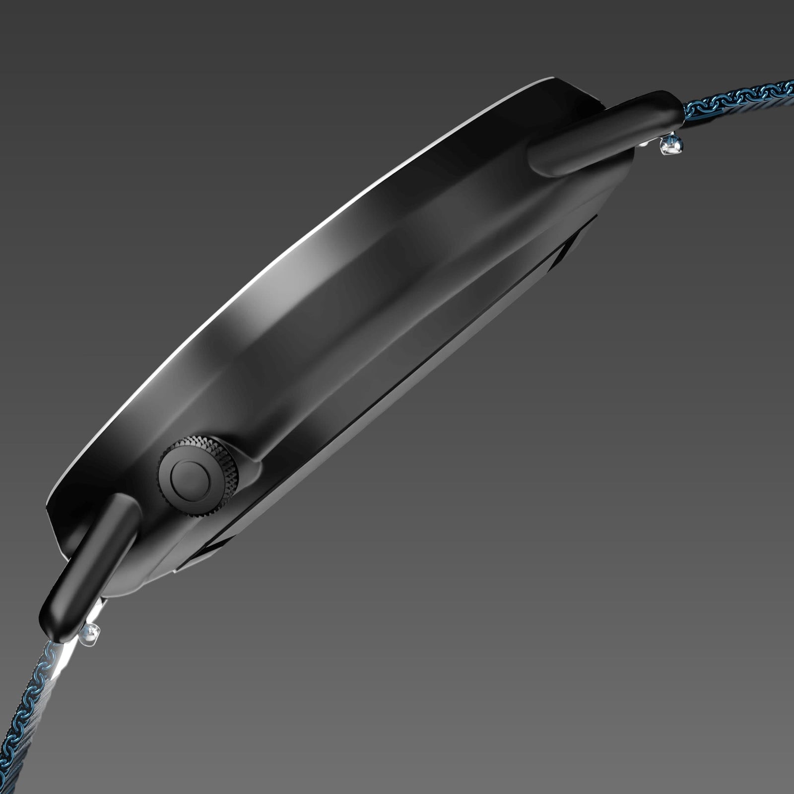 Side profile of the Solios Solar Curve, black dial and mat black case, showing its curved sapphire crystal and crown, metallic blue mesh metal strap
