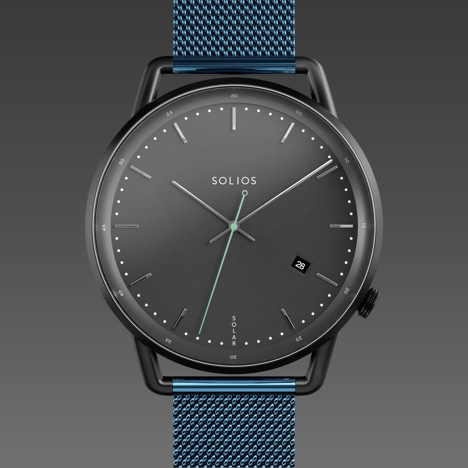Solios Solar Curve solar watch, black dial and mat black 40mm case, metallic blue mesh metal strap, close up front view
