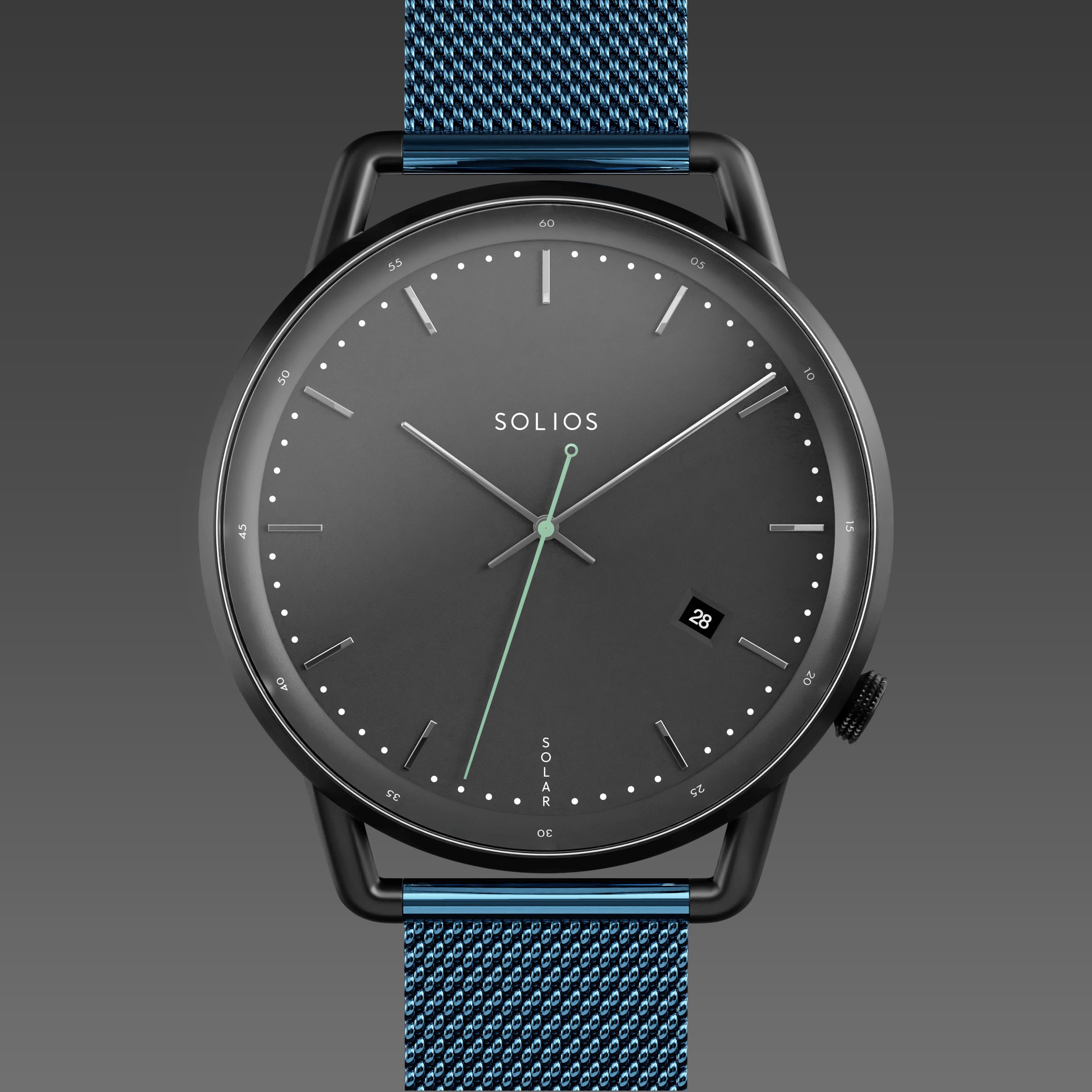 Solios Solar Curve solar watch, black dial and mat black 40mm case, metallic blue mesh metal strap, close up front view