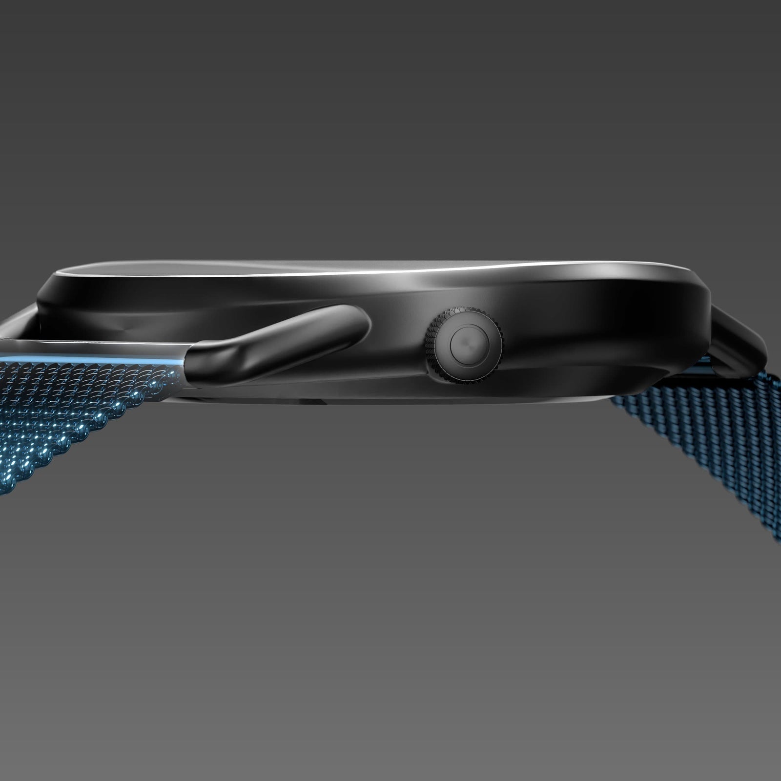 Side profile of the slim Solios Solar Curve, 10mm-thin mat black case and crown, the black dial variation, metallic blue mesh metal strap