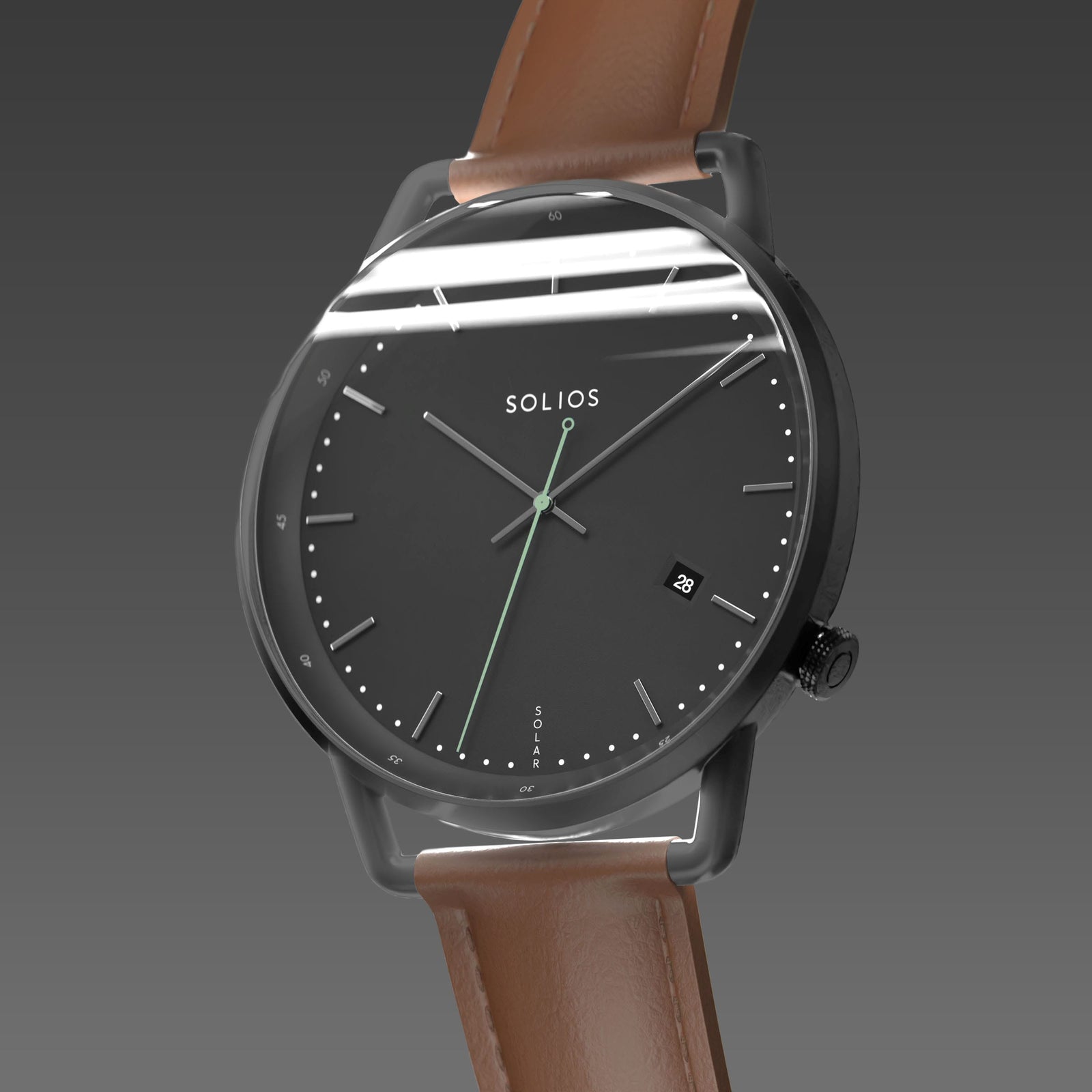 Solios Solar Curve, black dial and mat black case, at a three-quarter angle, silver hands and indices, green second hand, date calendar, curved sapphire crystal, brown vegan leather strap