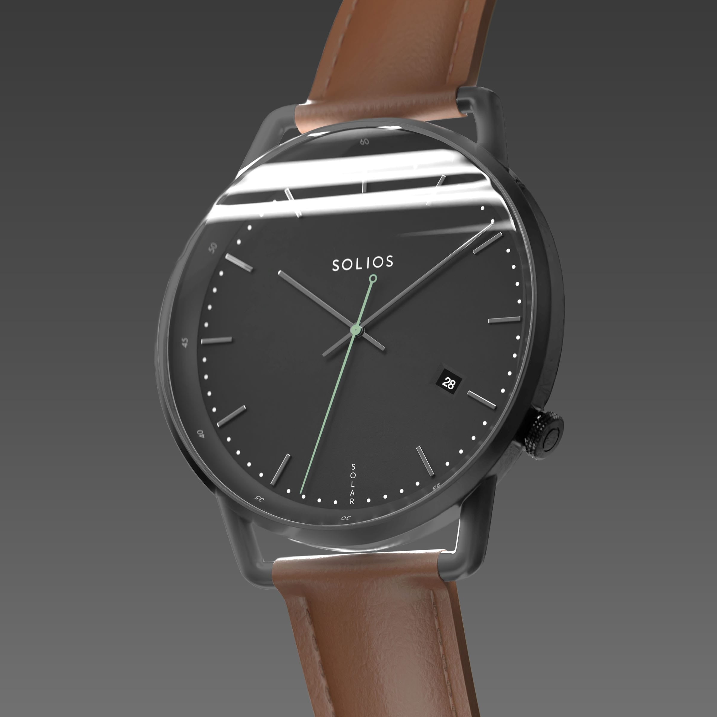Solios Solar Curve, black dial and mat black case, at a three-quarter angle, silver hands and indices, green second hand, date calendar, curved sapphire crystal, brown vegan leather strap