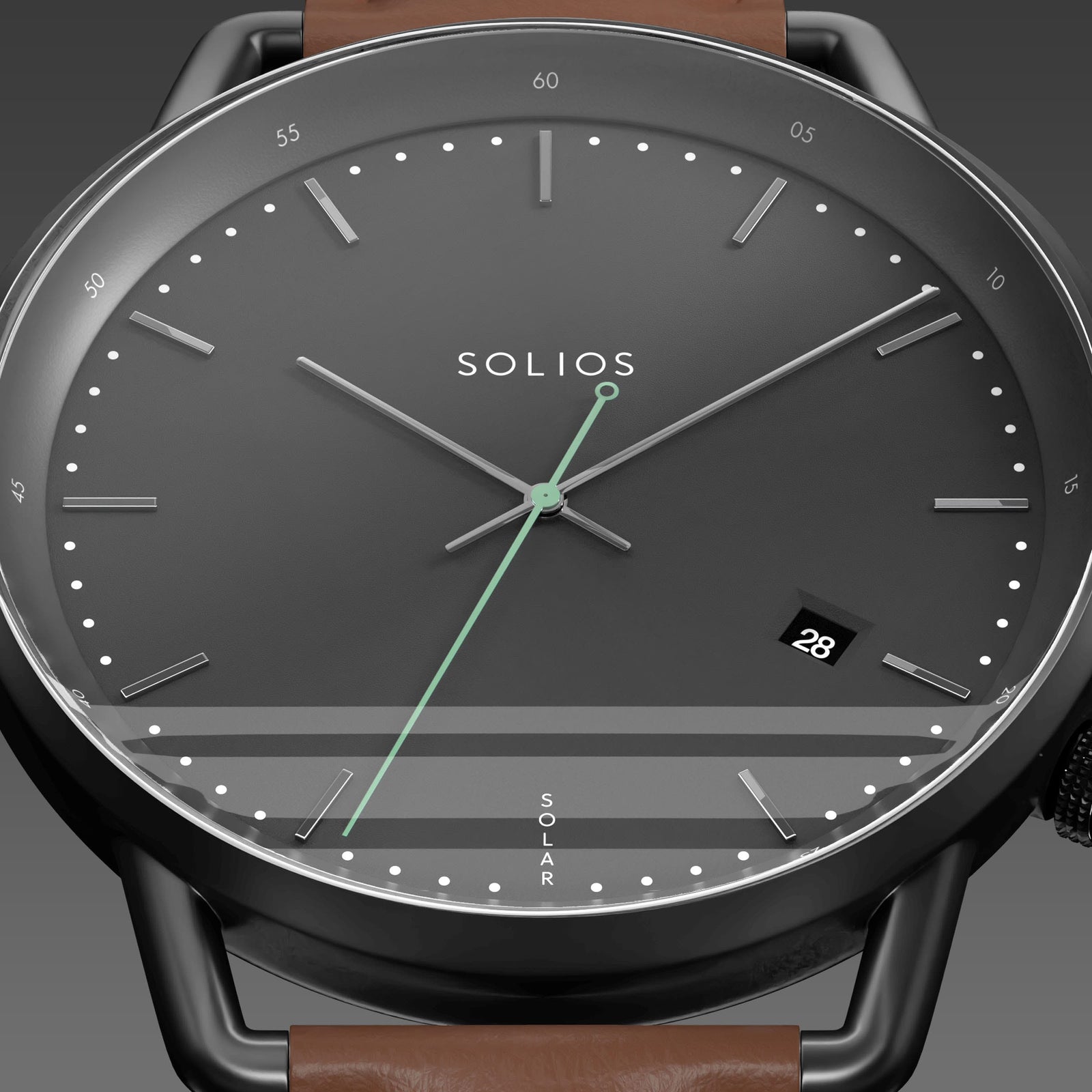 Close-up of the Solios Solar Curve black dial with silver hands hands, green second hand, date and SOLAR text, brown eco vegan leather strap