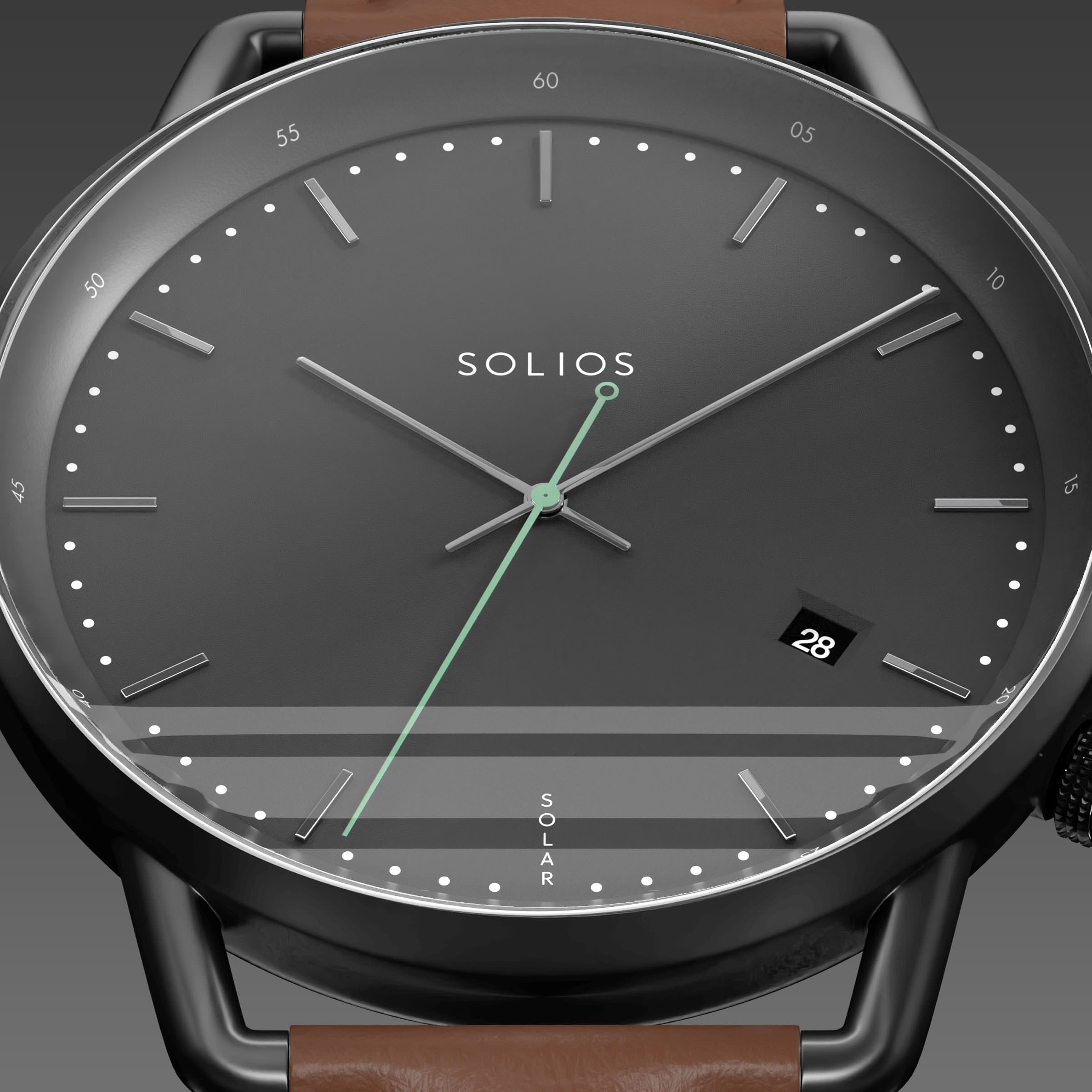 Close-up of the Solios Solar Curve black dial with silver hands hands, green second hand, date and SOLAR text, brown eco vegan leather strap