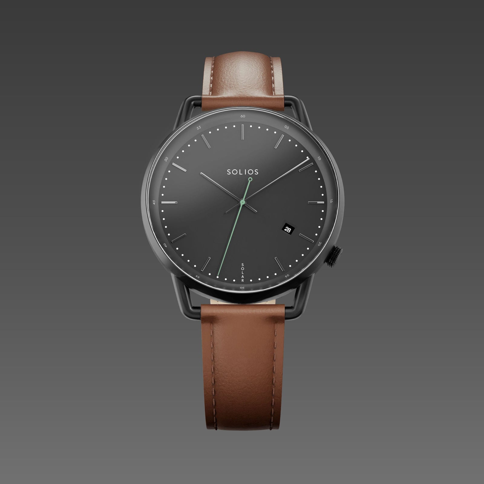 Solios Solar Curve watch, black dial and mat black 40mm case, on a brown vegan leather strap, front view