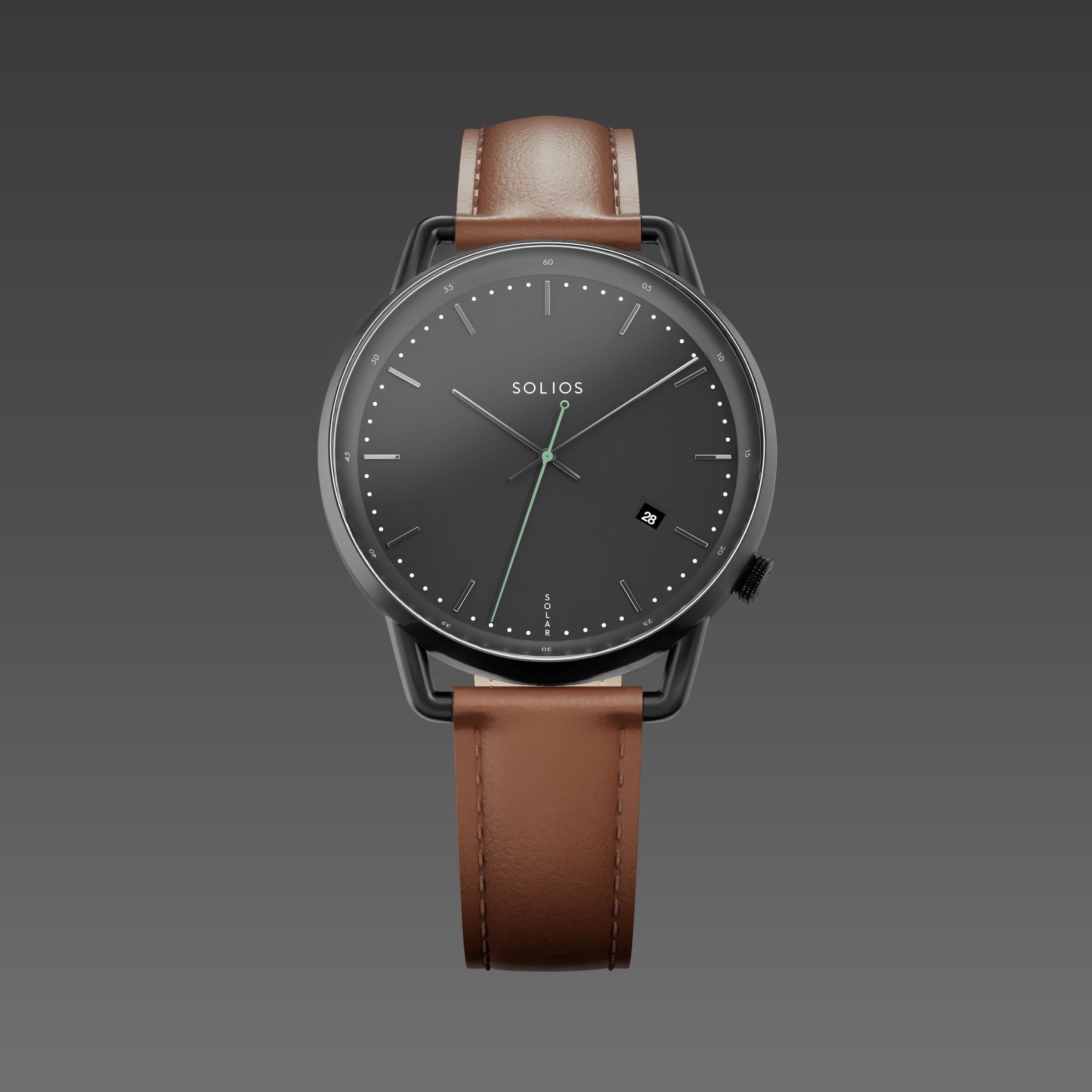 Solios Solar Curve watch, black dial and mat black 40mm case, on a brown vegan leather strap, front view