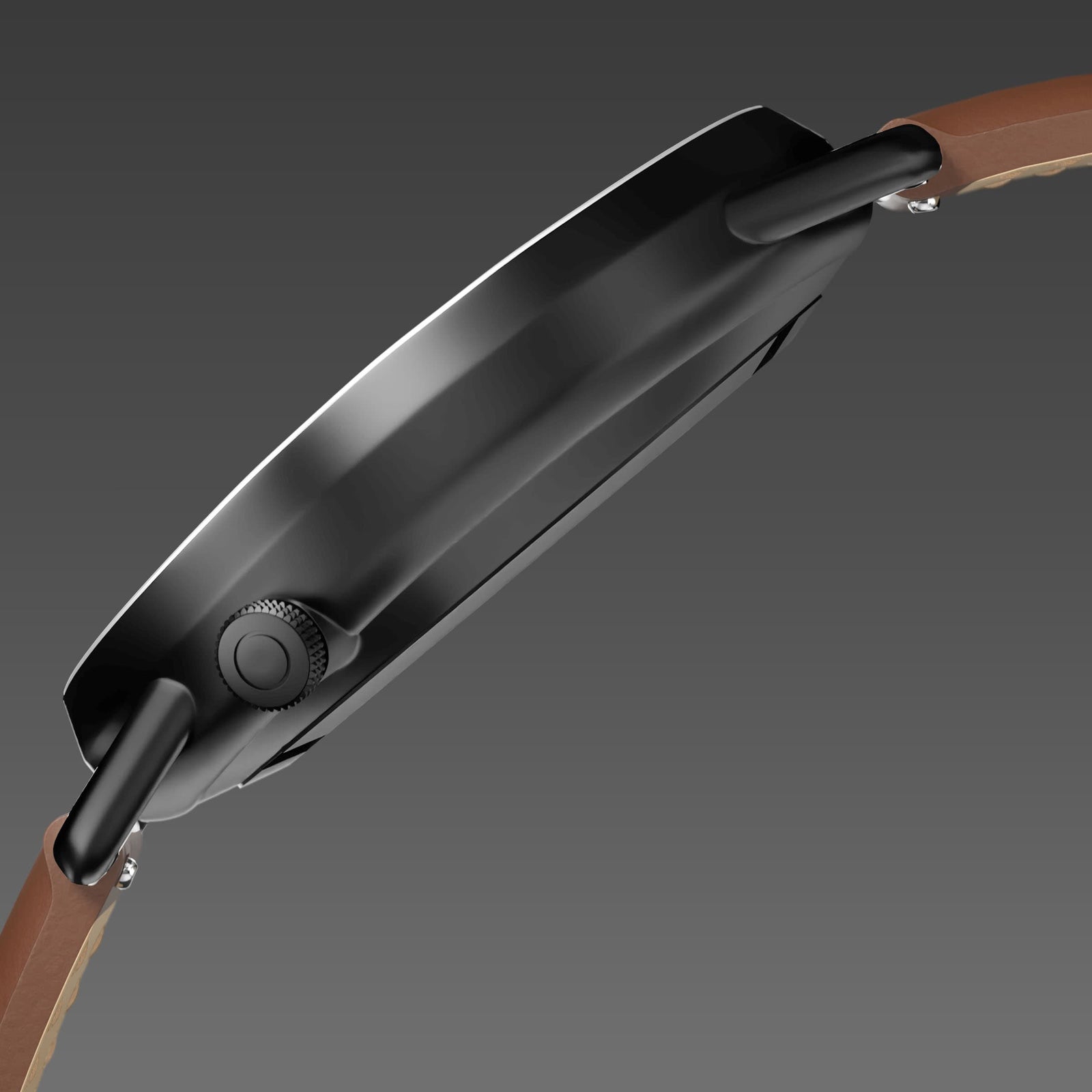 Side profile of the Solios Solar Curve, black dial and mat black case, showing its curved sapphire crystal and crown, brown vegan leather strap