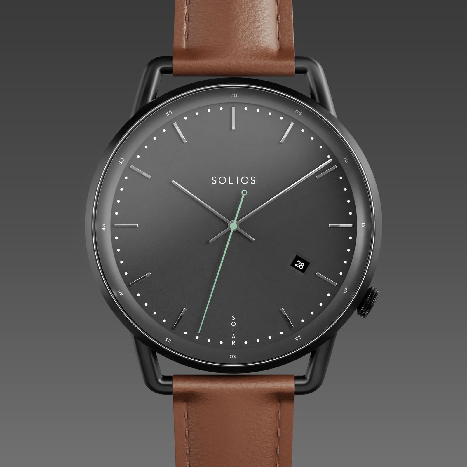 Solios Solar Curve solar watch, black dial and mat black 40mm case, brown eco vegan leather strap, close up front view