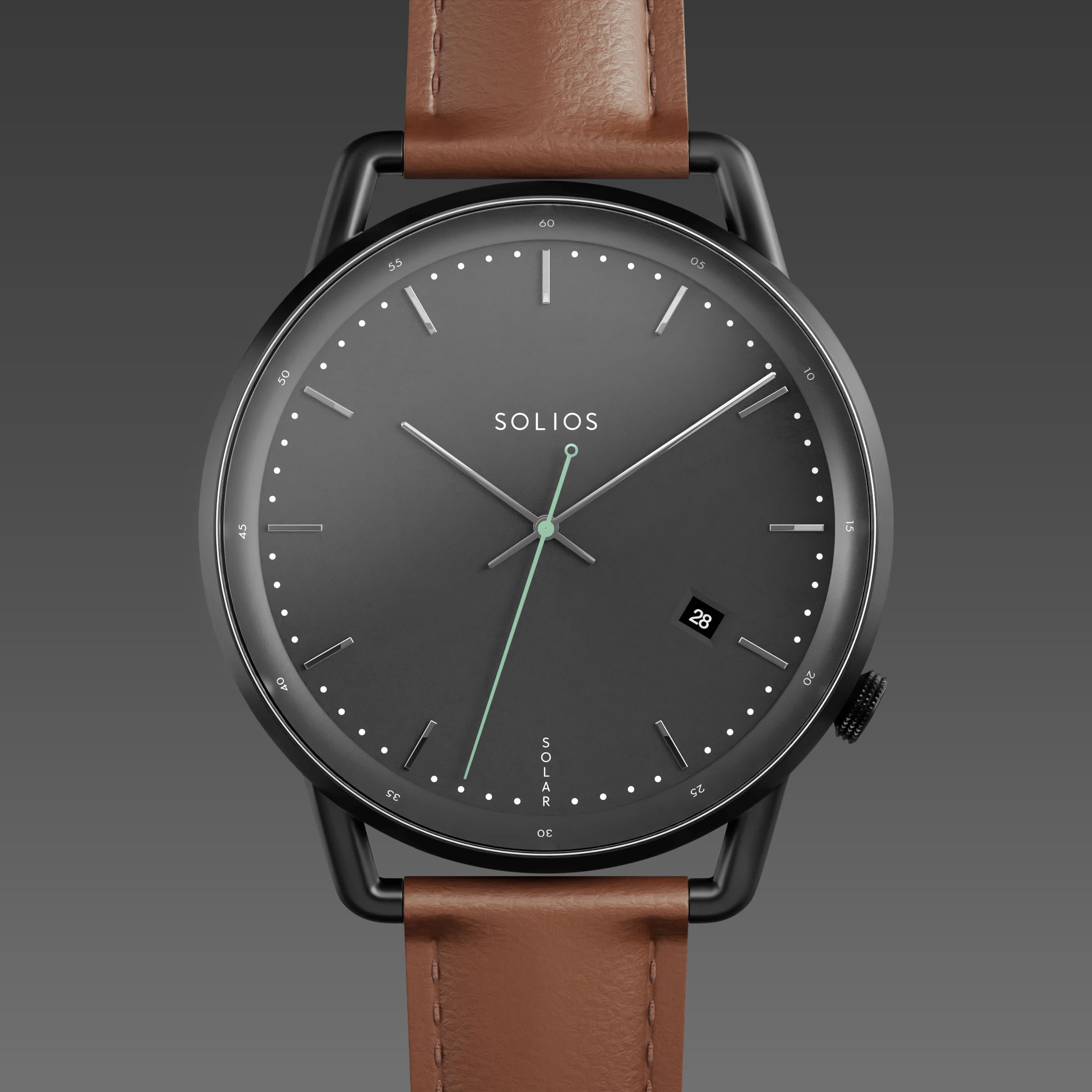 Solios Solar Curve solar watch, black dial and mat black 40mm case, brown eco vegan leather strap, close up front view