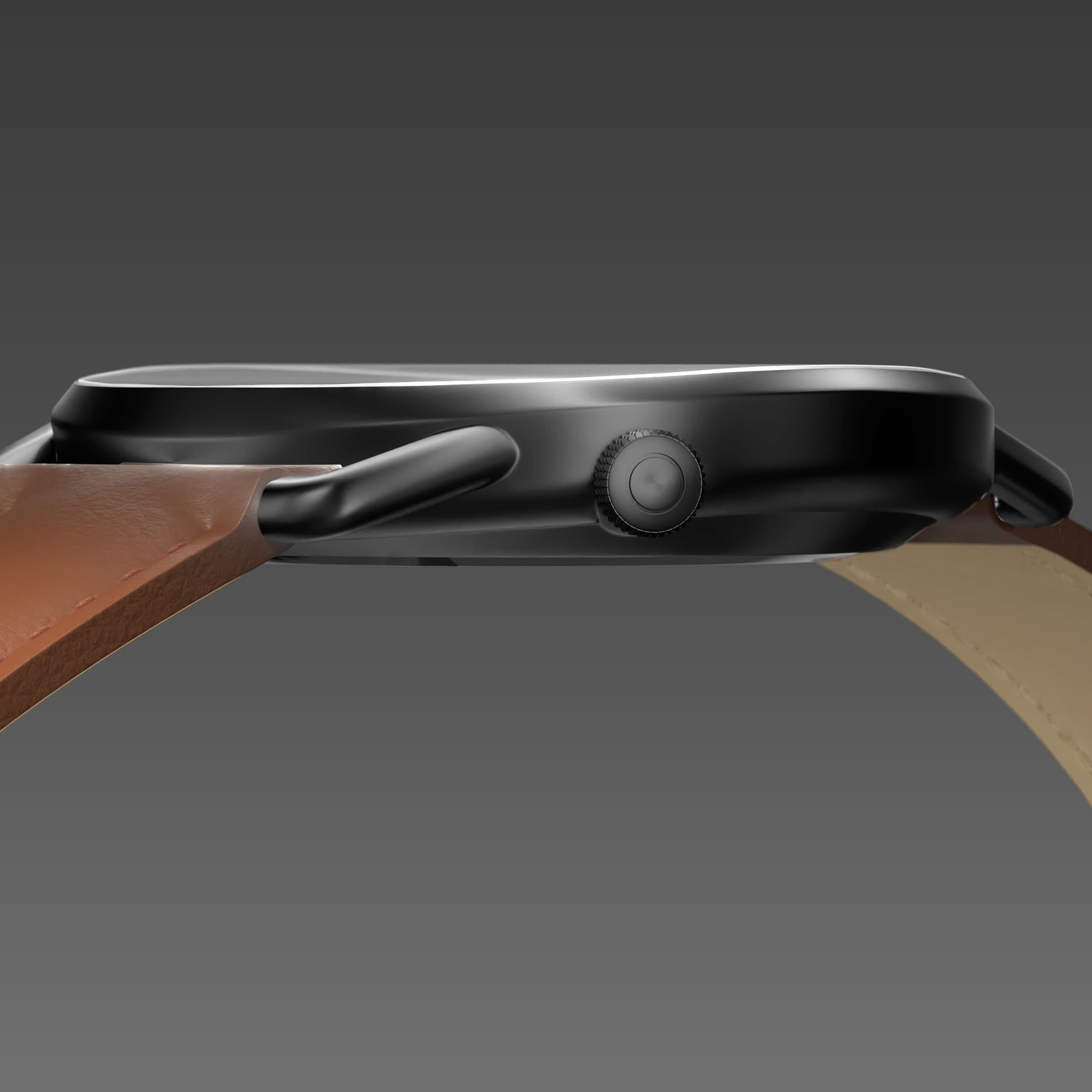 Side profile of the slim Solios Solar Curve, 10mm-thin mat black case and crown, the black dial variation, brown eco vegan leather strap