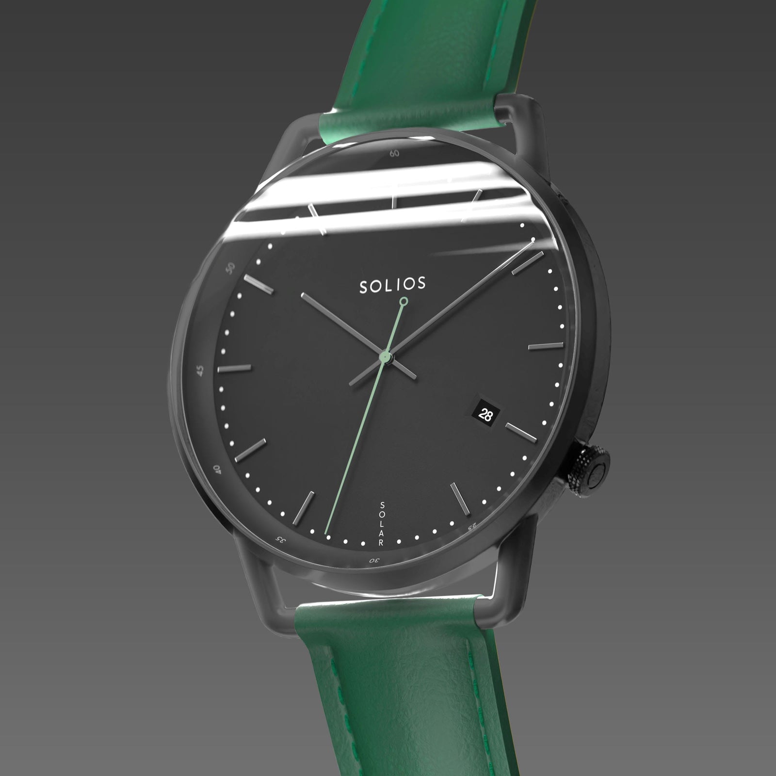 Solios Solar Curve, black dial and mat black case, at a three-quarter angle, silver hands and indices, green second hand, date calendar, curved sapphire crystal, green vegan leather strap