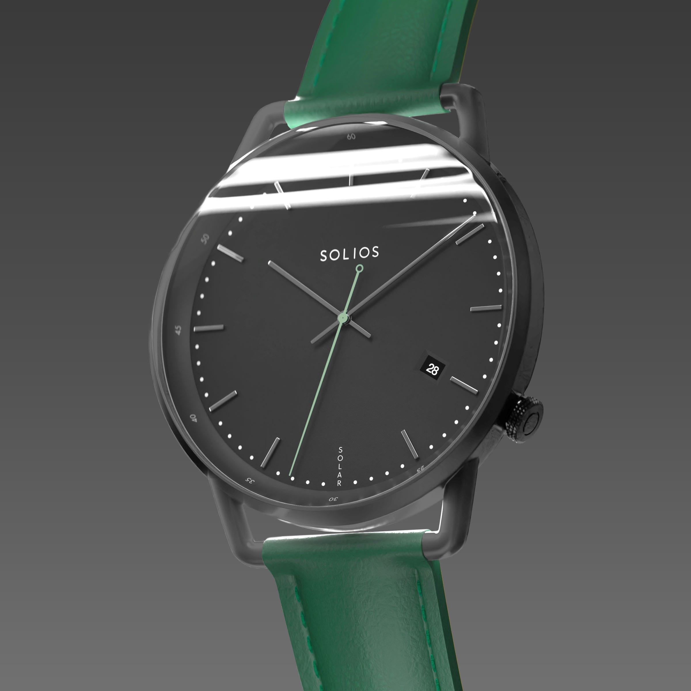 Solios Solar Curve, black dial and mat black case, at a three-quarter angle, silver hands and indices, green second hand, date calendar, curved sapphire crystal, green vegan leather strap