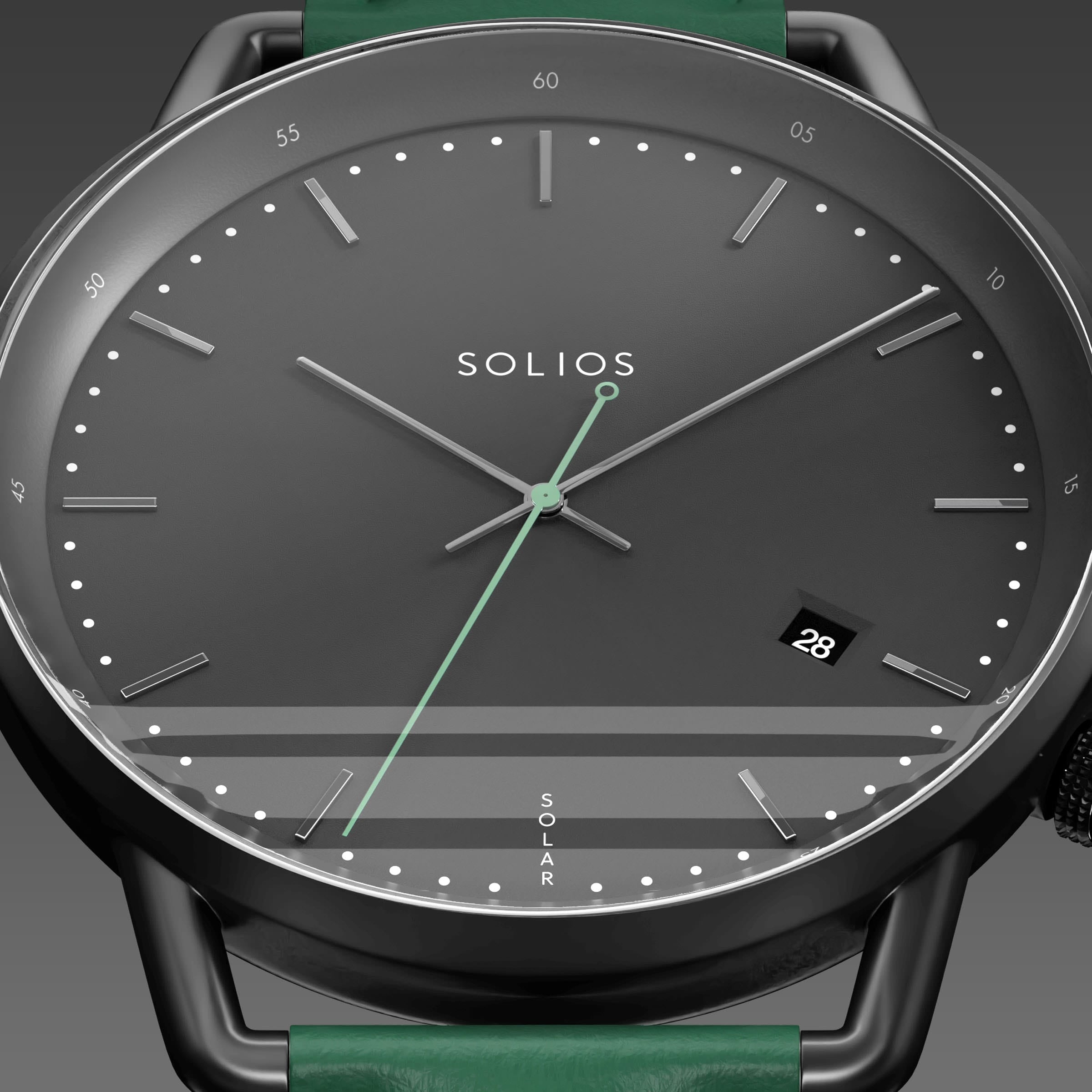 Close-up of the Solios Solar Curve black dial with silver hands hands, green second hand, date and SOLAR text, green eco vegan leather strap