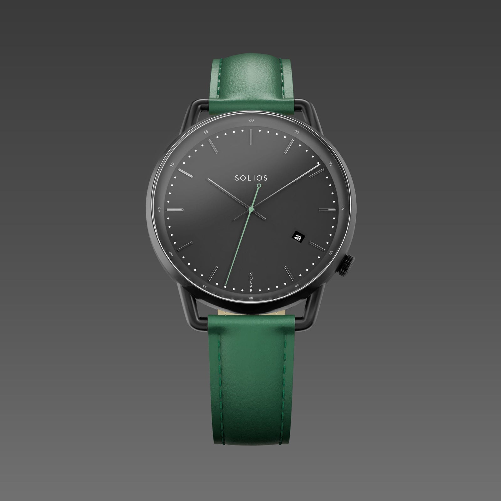 Solios Solar Curve watch, black dial and mat black 40mm case, on a green vegan leather strap, front view