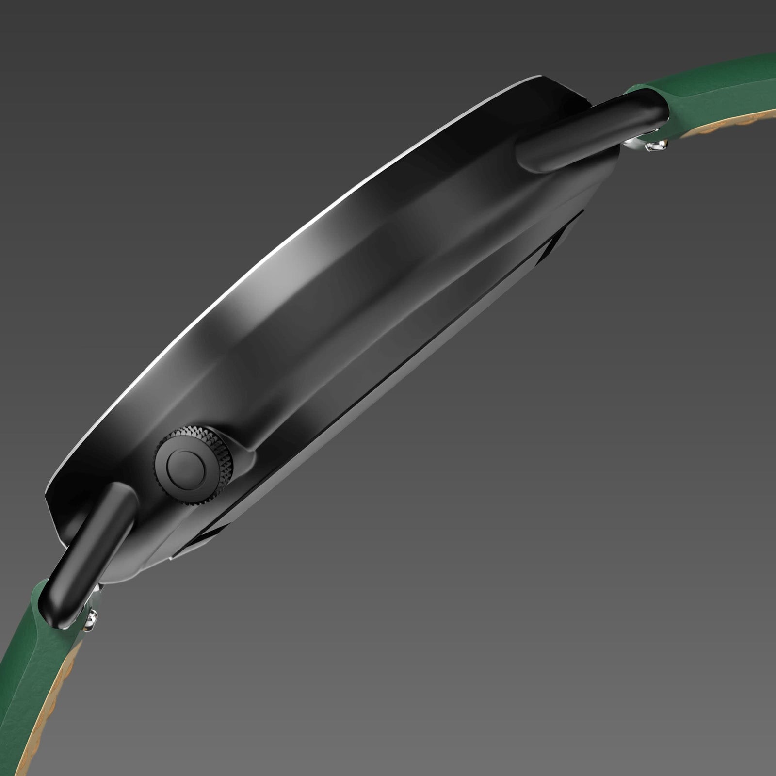 Side profile of the Solios Solar Curve, black dial and mat black case, showing its curved sapphire crystal and crown, green vegan leather strap