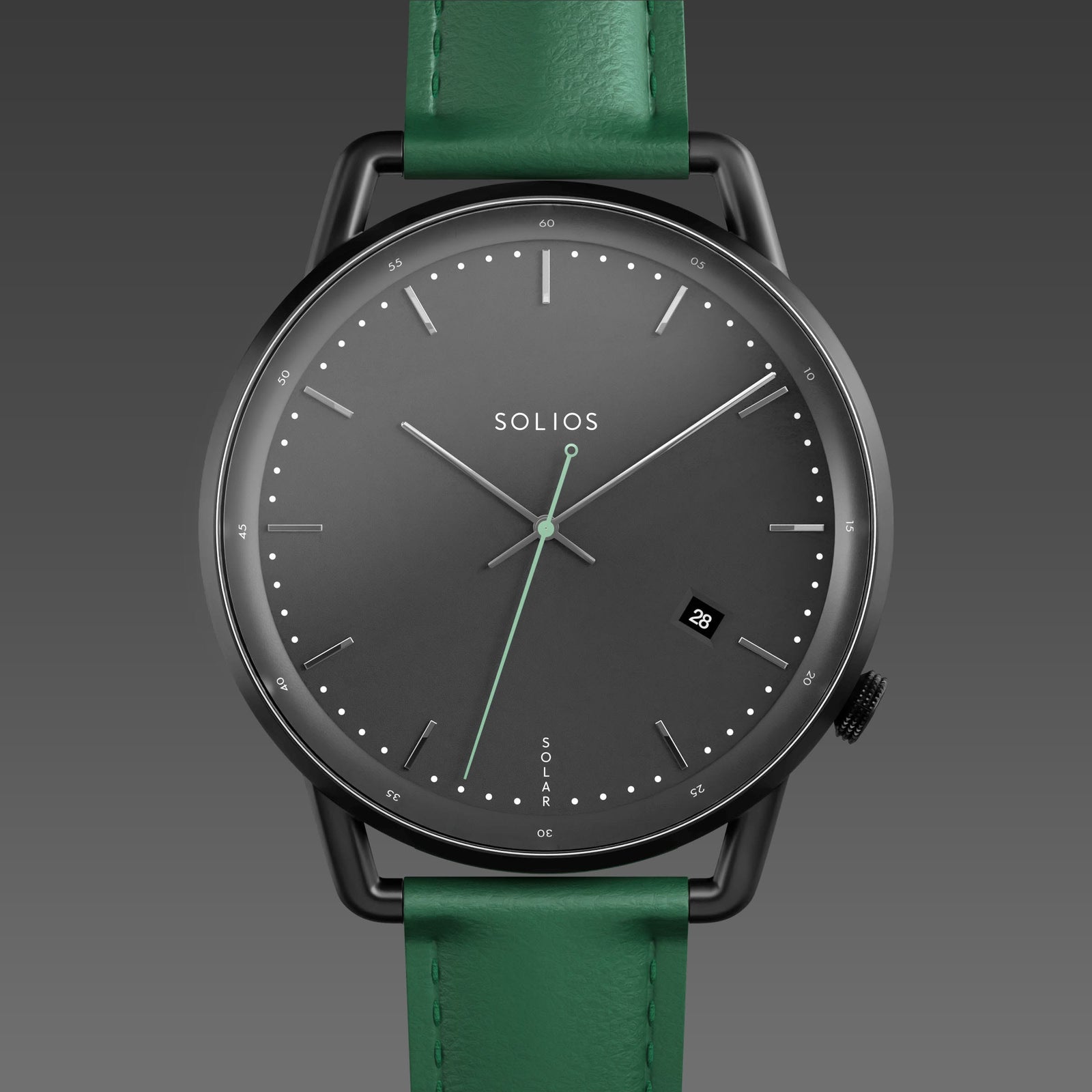 Solios Solar Curve solar watch, black dial and mat black 40mm case, green eco vegan leather strap, close up front view