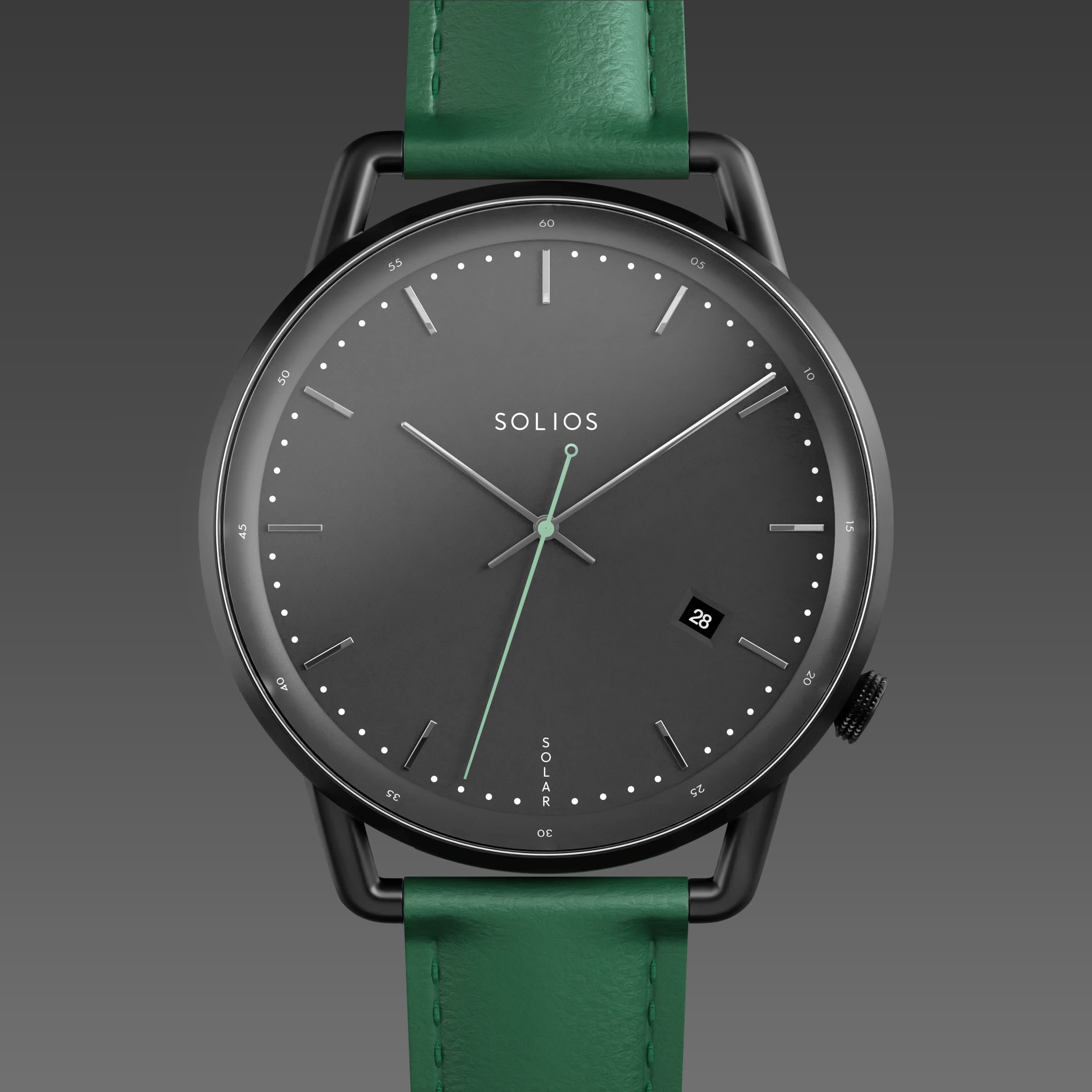 Solios Solar Curve solar watch, black dial and mat black 40mm case, green eco vegan leather strap, close up front view