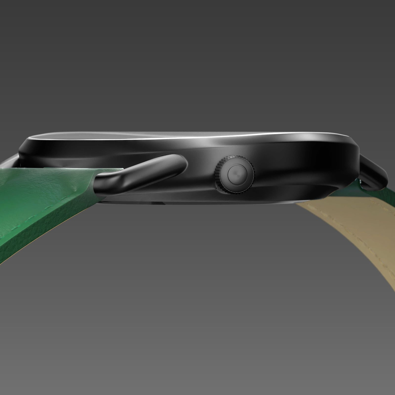 Side profile of the slim Solios Solar Curve, 10mm-thin mat black case and crown, the black dial variation, green eco vegan leather strap