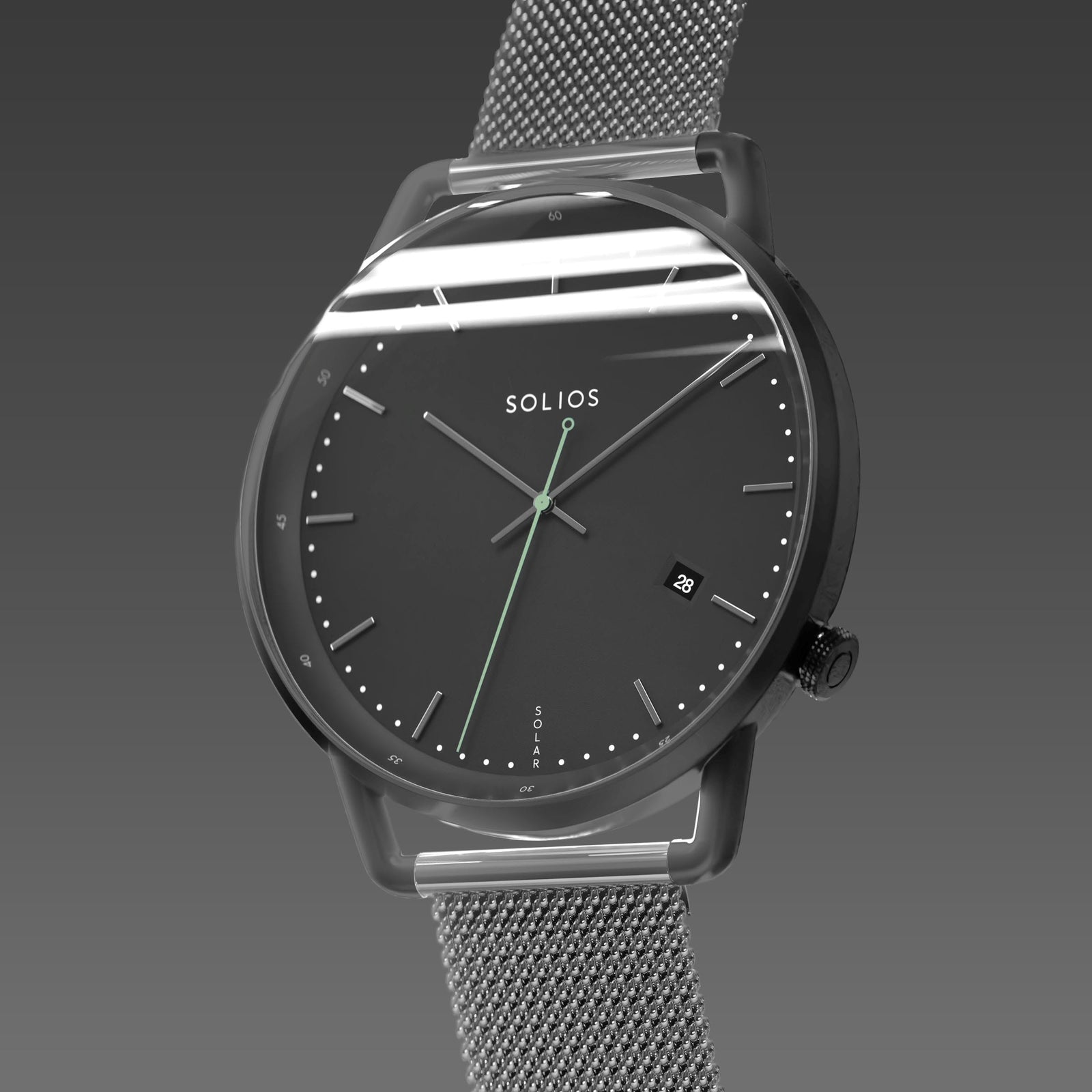 Solios Solar Curve, black dial and mat black case, at a three-quarter angle, silver hands and indices, green second hand, date calendar, curved sapphire crystal, dark grey mesh metal strap