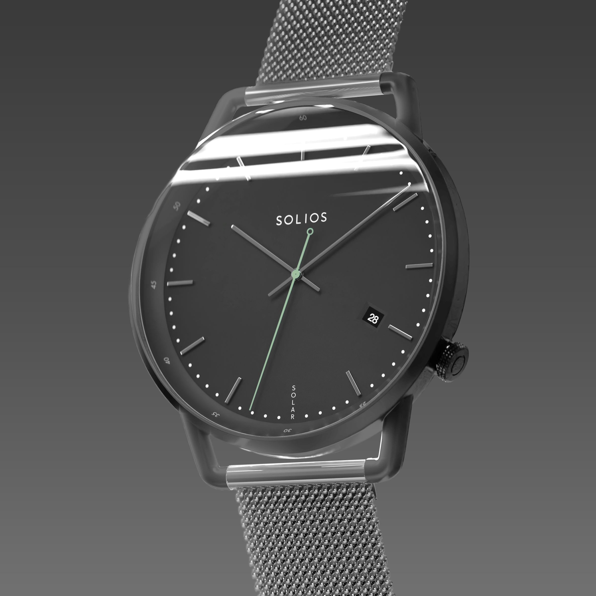 Solios Solar Curve, black dial and mat black case, at a three-quarter angle, silver hands and indices, green second hand, date calendar, curved sapphire crystal, dark grey mesh metal strap