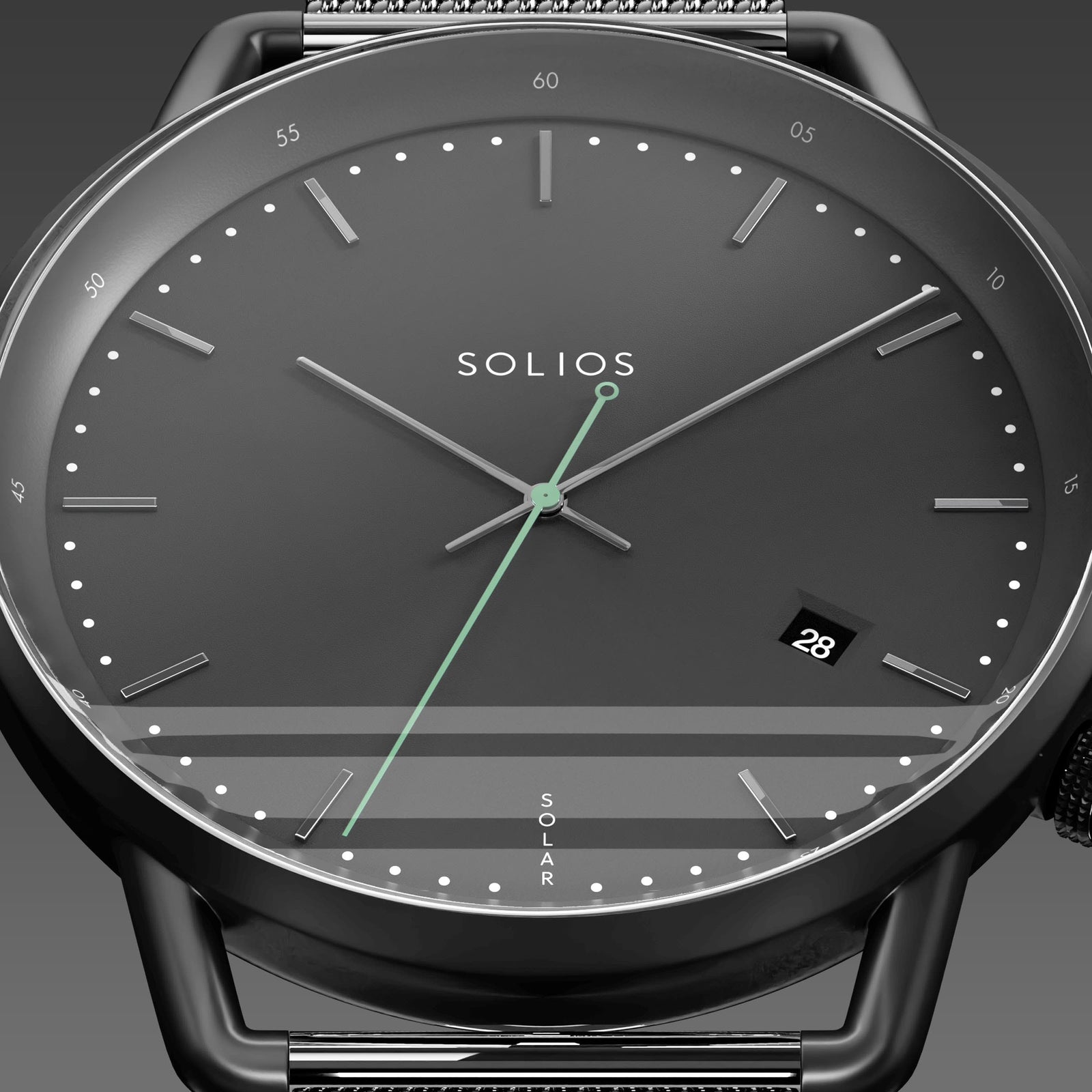 Close-up of the Solios Solar Curve black dial with silver hands hands, green second hand, date and SOLAR text, dark grey mesh strap