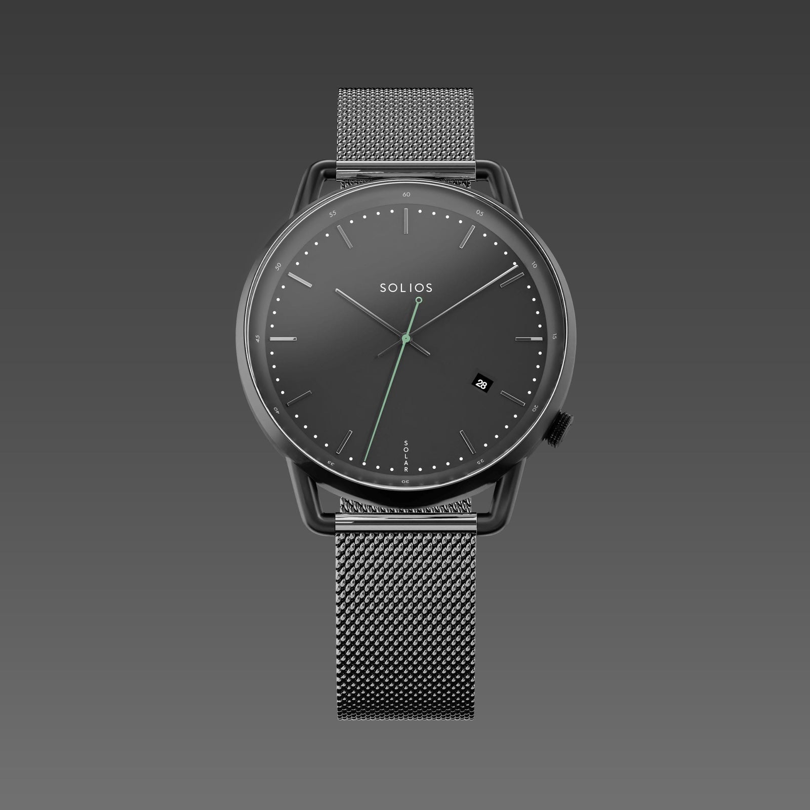 Solios Solar Curve watch, black dial and mat black 40mm case, on a dark grey mesh metal strap, front view