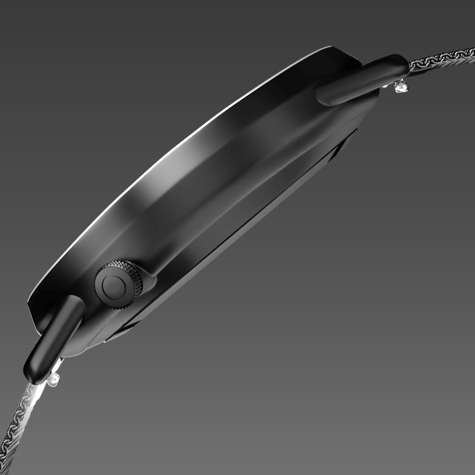 Side profile of the Solios Solar Curve, black dial and mat black case, showing its curved sapphire crystal and crown, dark grey mesh metal strap