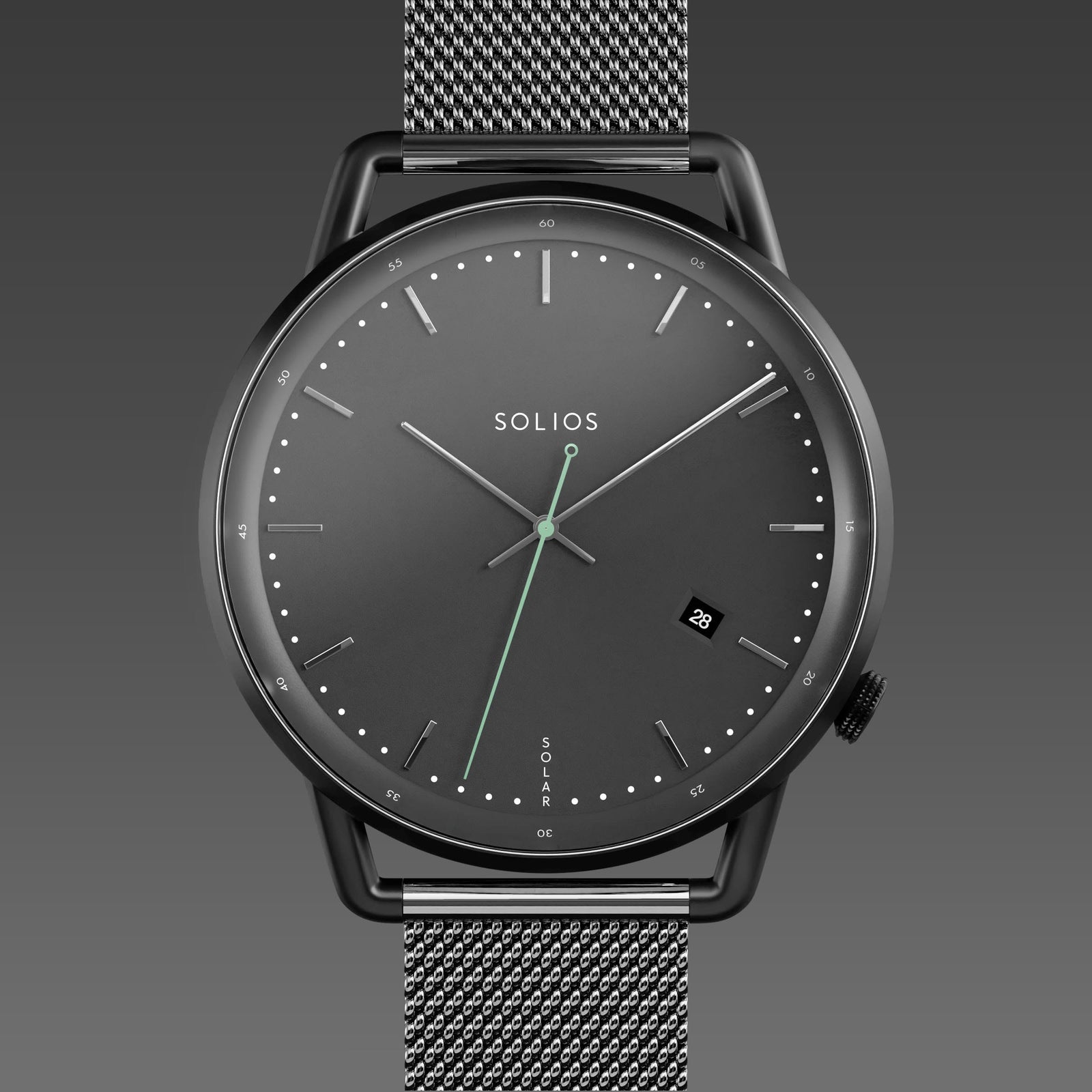 Solios Solar Curve solar watch, black dial and mat black 40mm case, dark grey mesh metal strap, close up front view