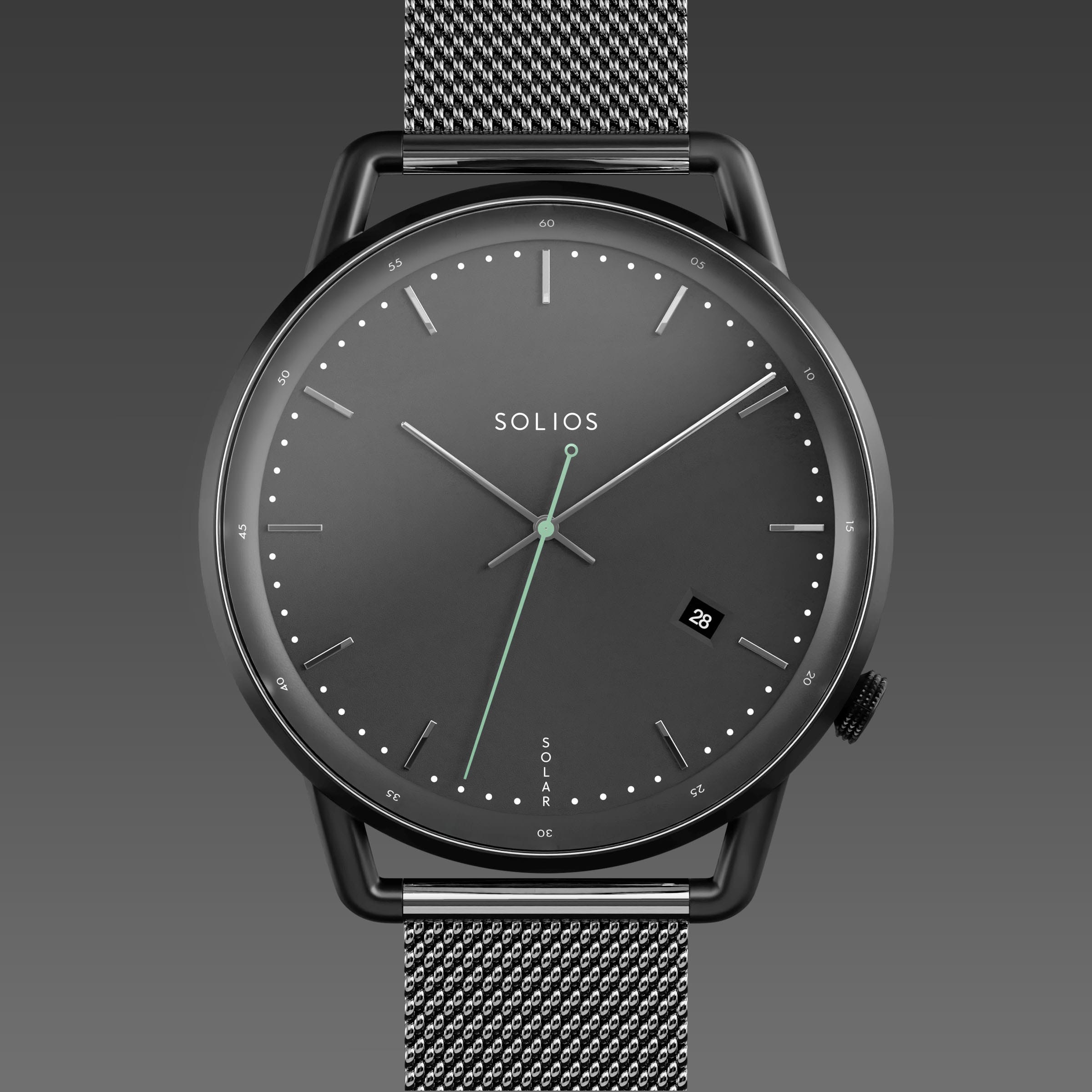 Solios Solar Curve solar watch, black dial and mat black 40mm case, dark grey mesh metal strap, close up front view