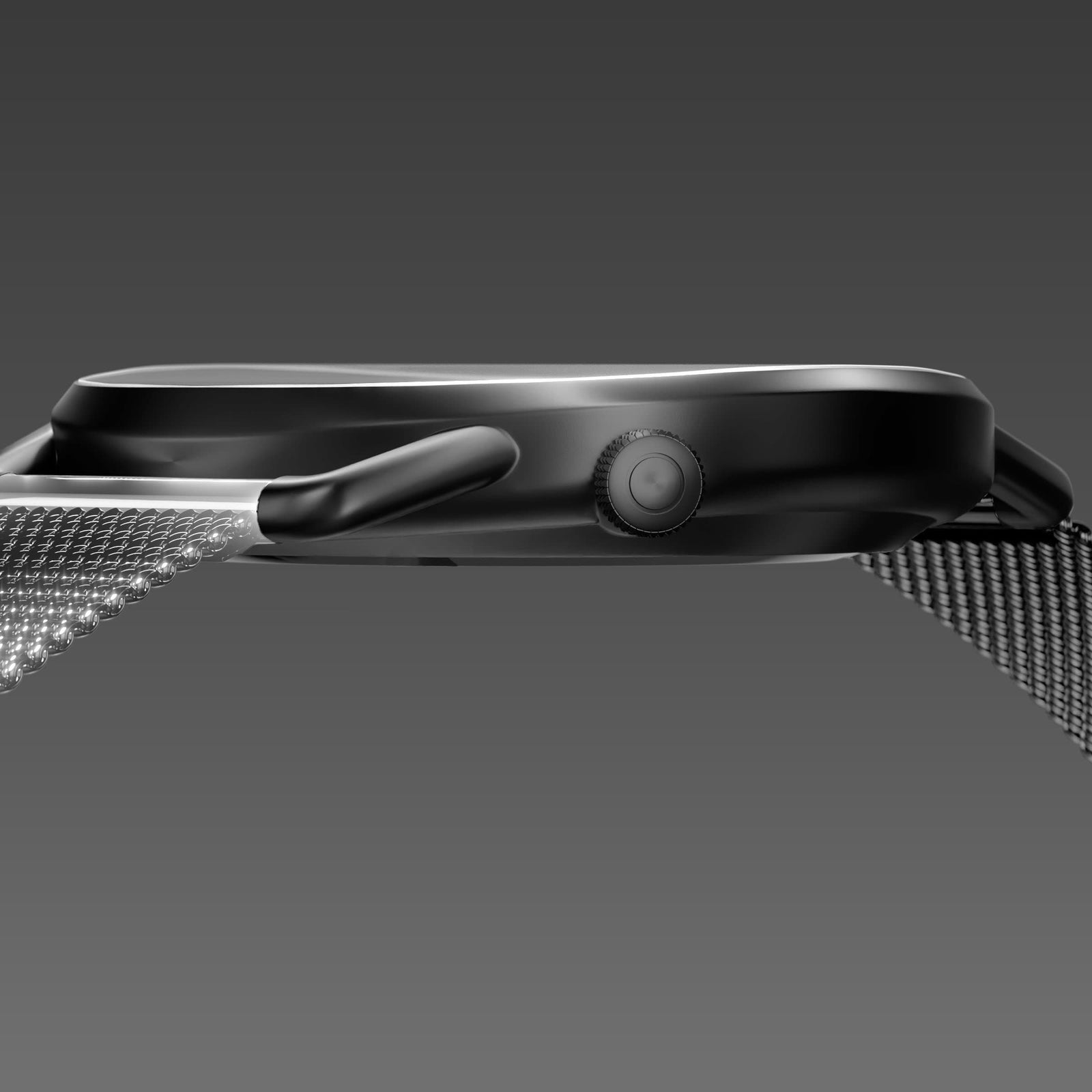 Side profile of the slim Solios Solar Curve, 10mm-thin mat black case and crown, the black dial variation, dark grey mesh strap