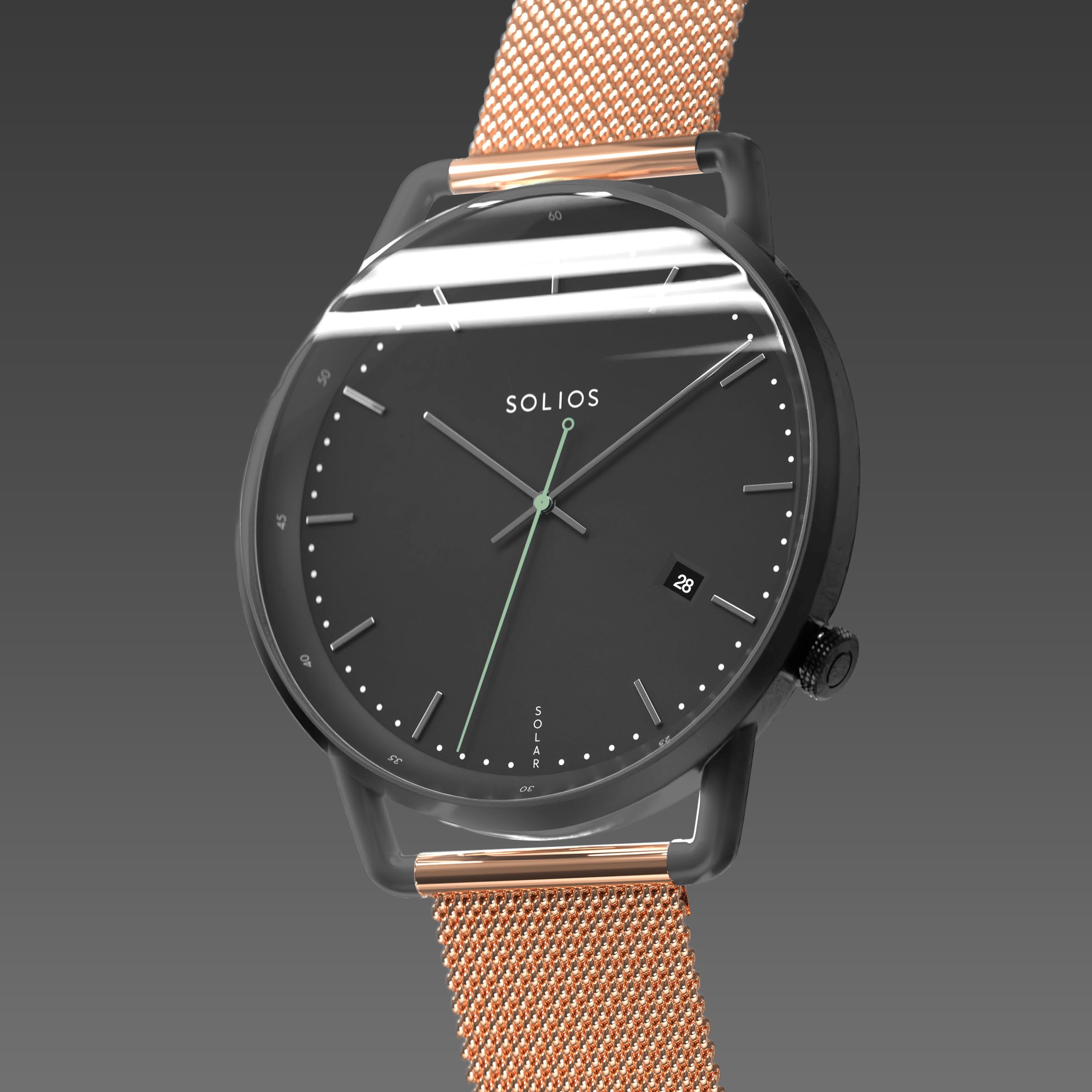 Solios Solar Curve, black dial and mat black case, at a three-quarter angle, silver hands and indices, green second hand, date calendar, curved sapphire crystal, rose gold mesh metal strap