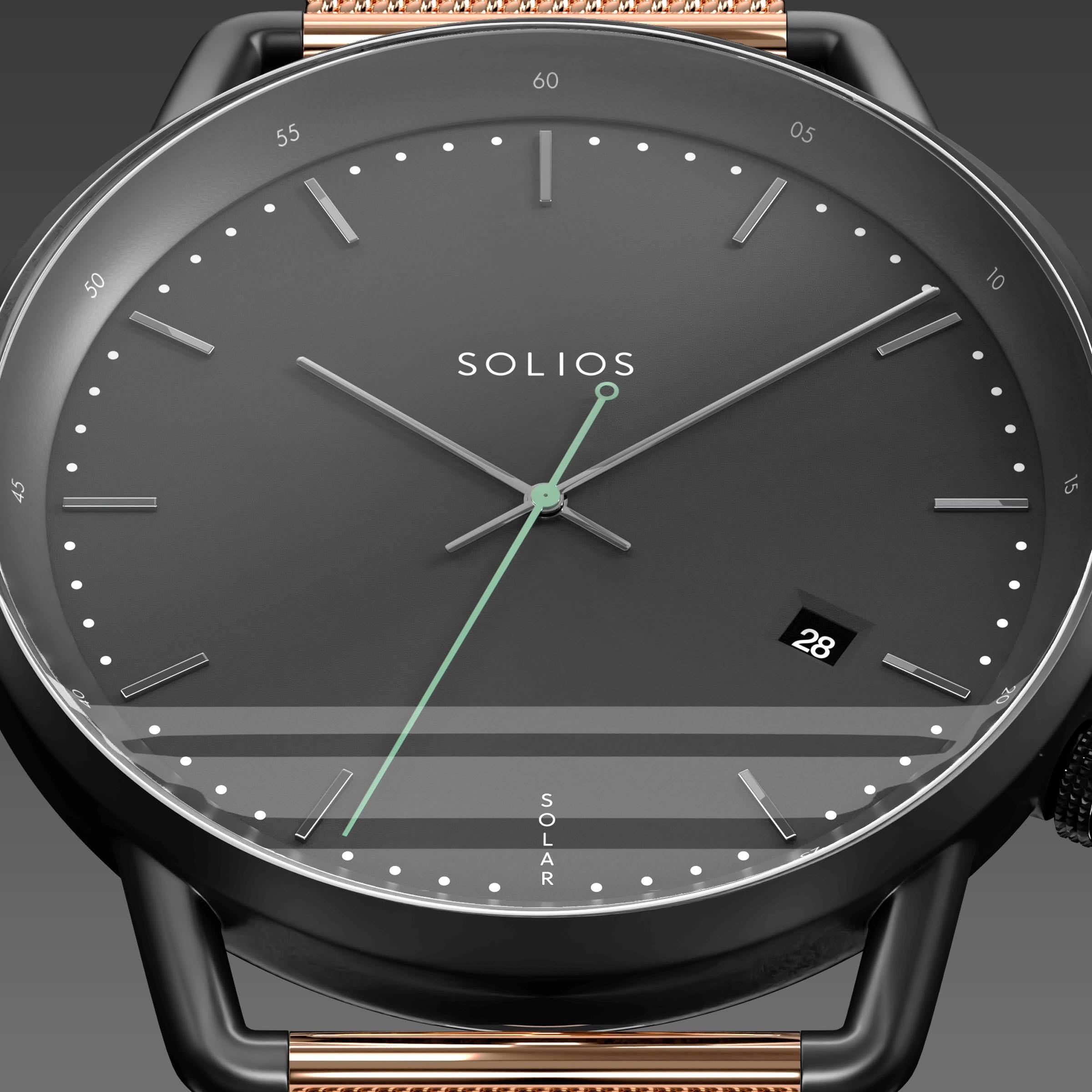 Close-up of the Solios Solar Curve black dial with silver hands hands, green second hand, date and SOLAR text, rose gold mesh strap