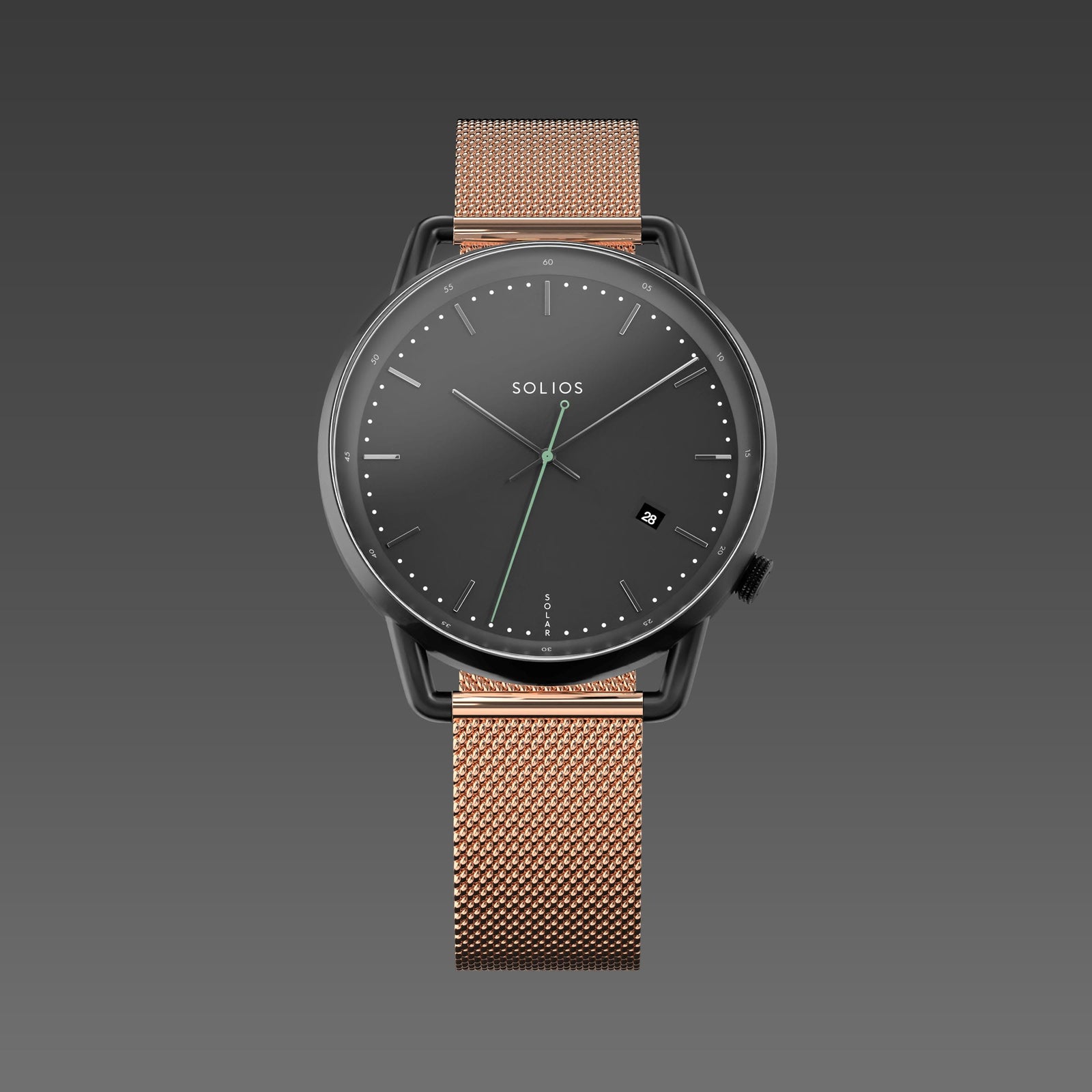 Solios Solar Curve watch, black dial and mat black 40mm case, on a rose gold mesh metal strap, front view