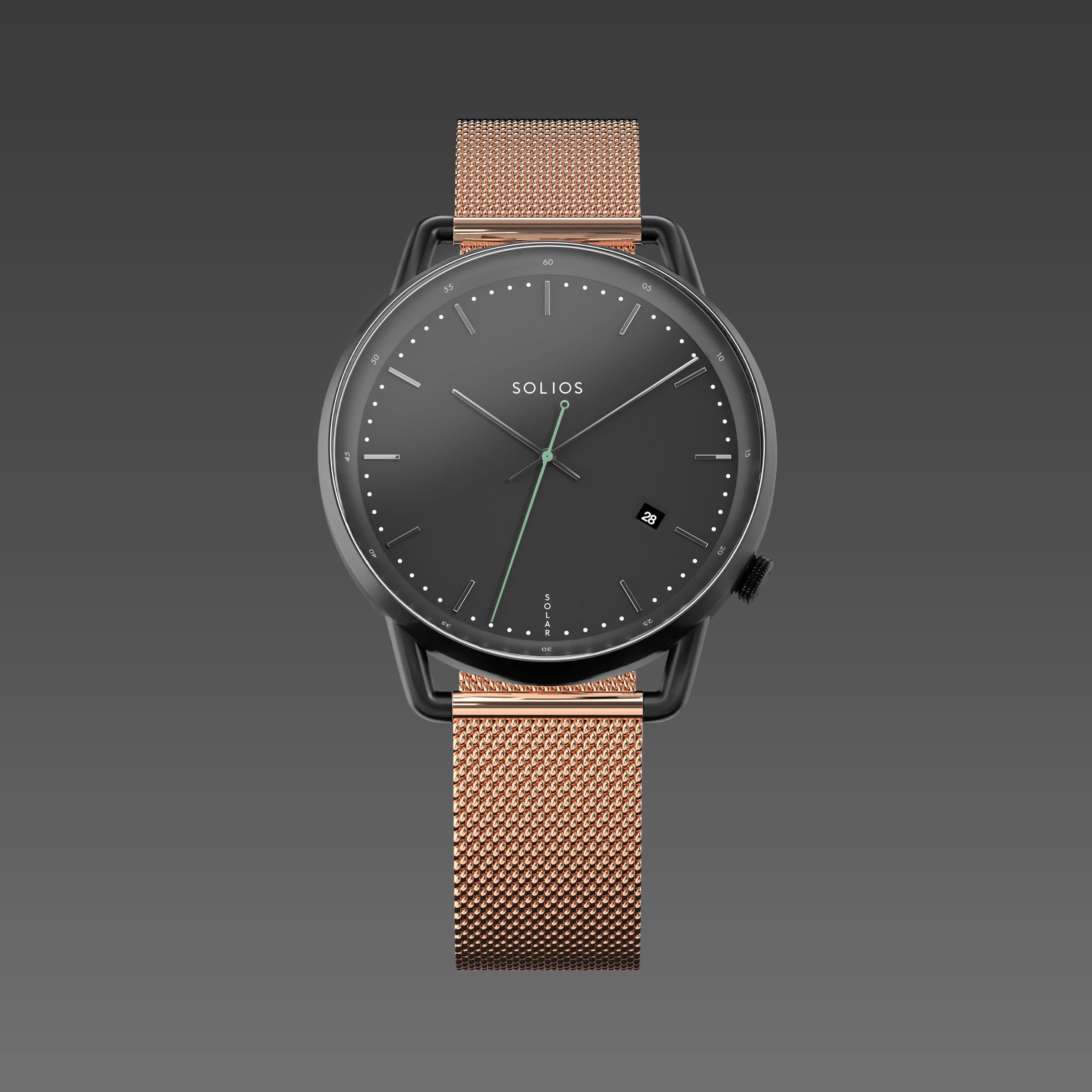 Solios Solar Curve watch, black dial and mat black 40mm case, on a rose gold mesh metal strap, front view