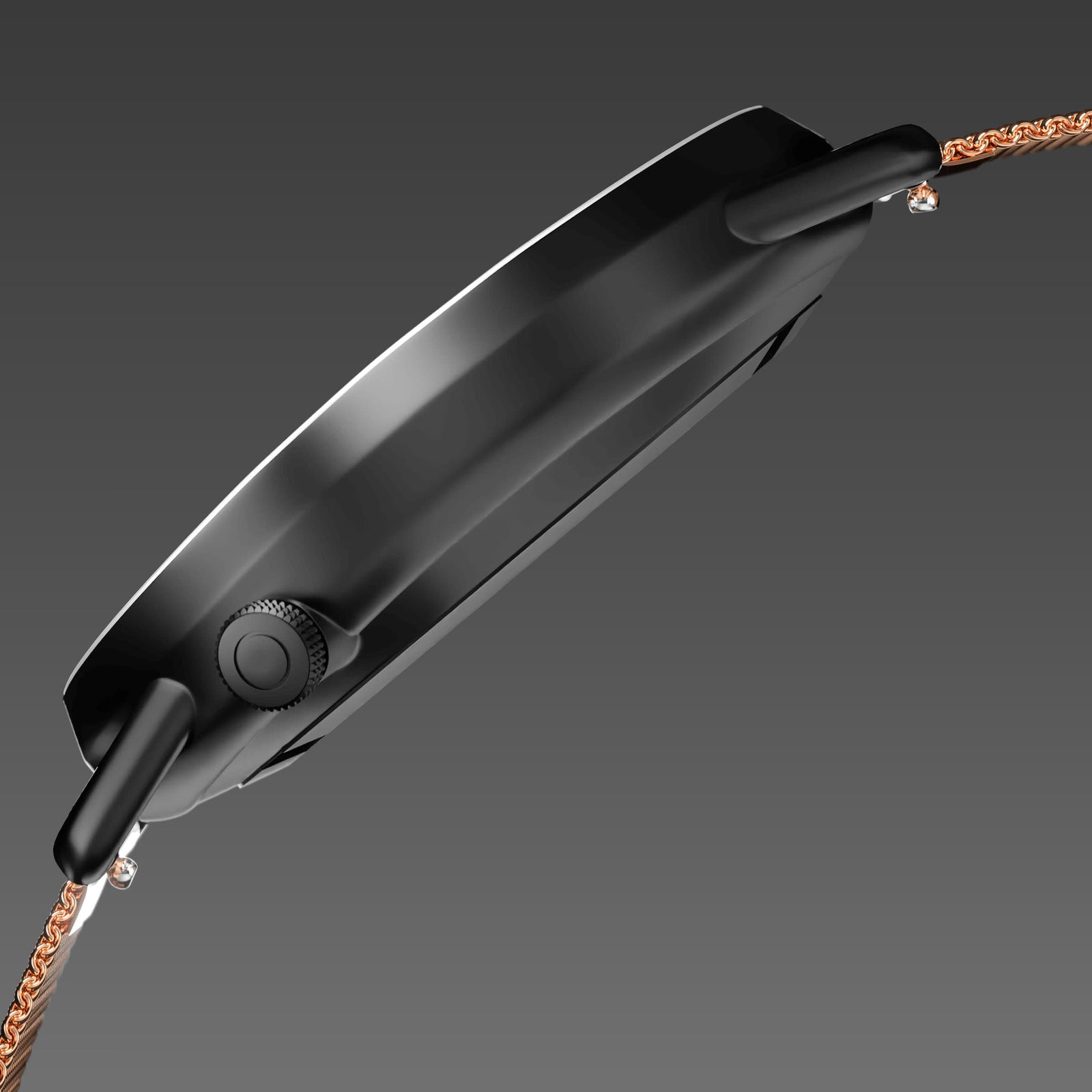 Side profile of the Solios Solar Curve, black dial and mat black case, showing its curved sapphire crystal and crown, rose gold mesh metal strap