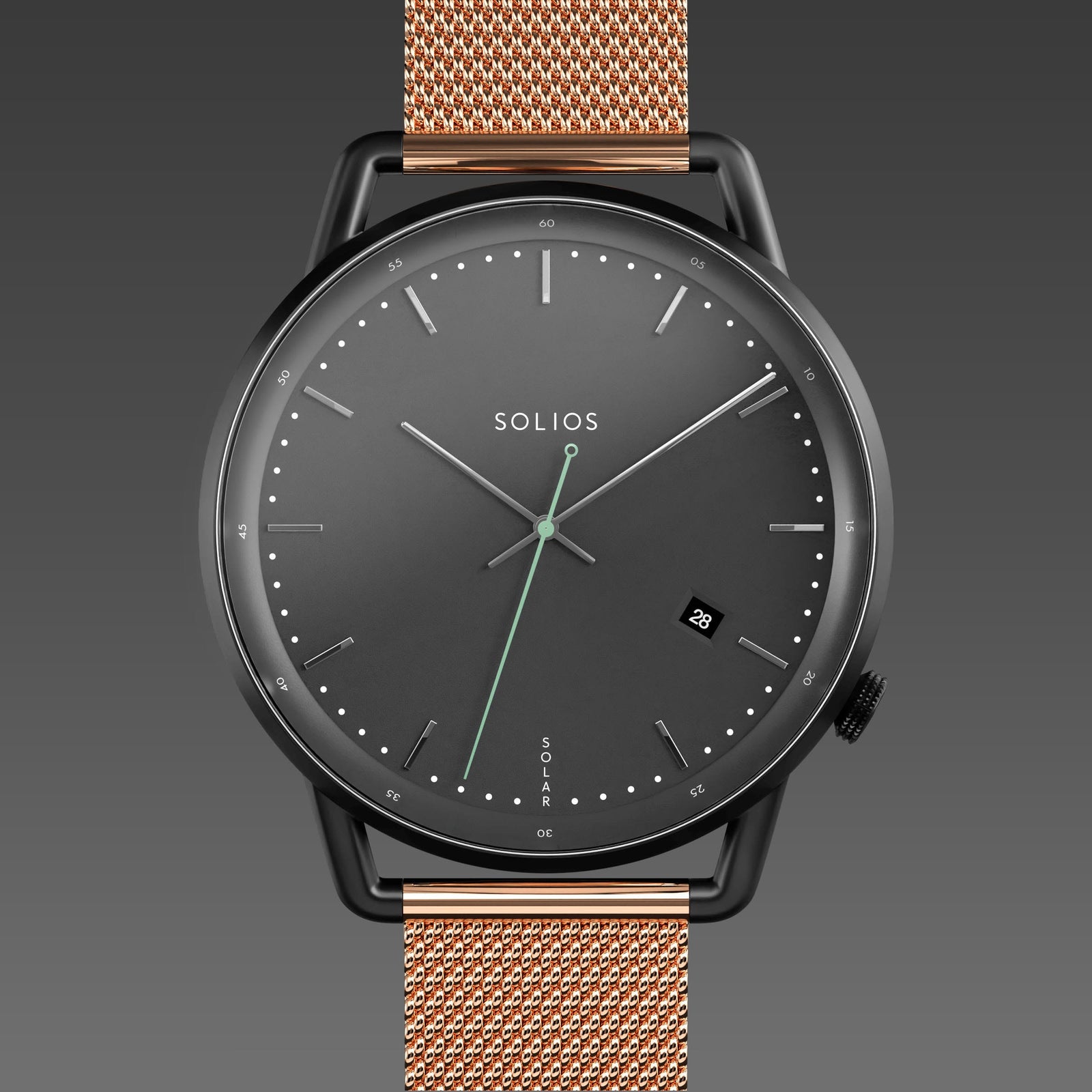 Solios Solar Curve solar watch, black dial and mat black 40mm case, rose gold mesh metal strap, close up front view