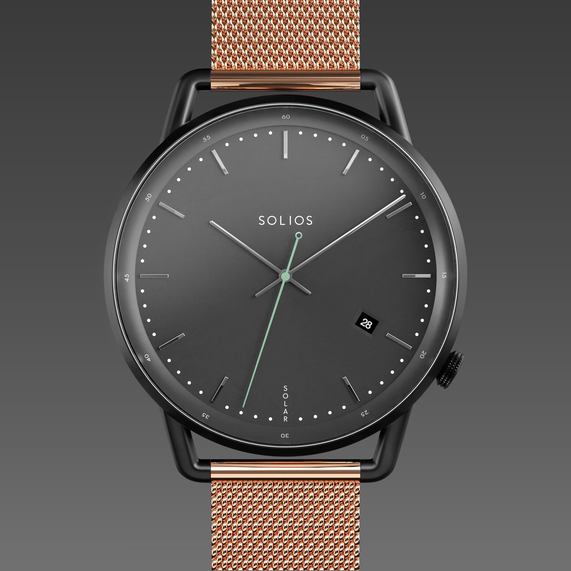 Solios Solar Curve solar watch, black dial and mat black 40mm case, rose gold mesh metal strap, close up front view