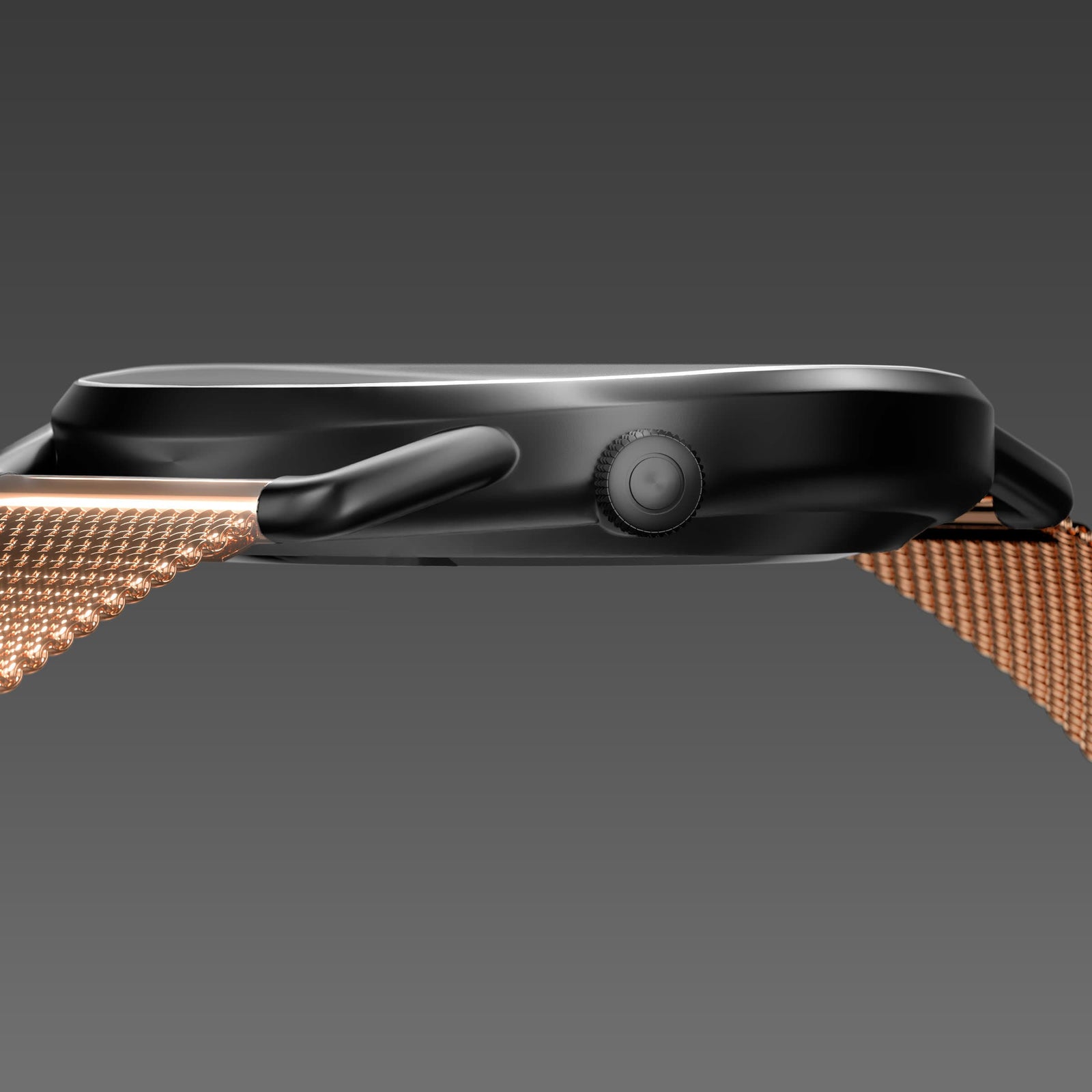 Side profile of the slim Solios Solar Curve, 10mm-thin mat black case and crown, the black dial variation, rose gold mesh strap
