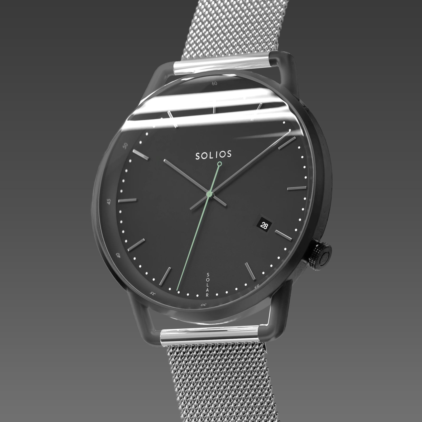 Solios Solar Curve, black dial and mat black case, at a three-quarter angle, silver hands and indices, green second hand, date calendar, curved sapphire crystal, silver mesh metal strap