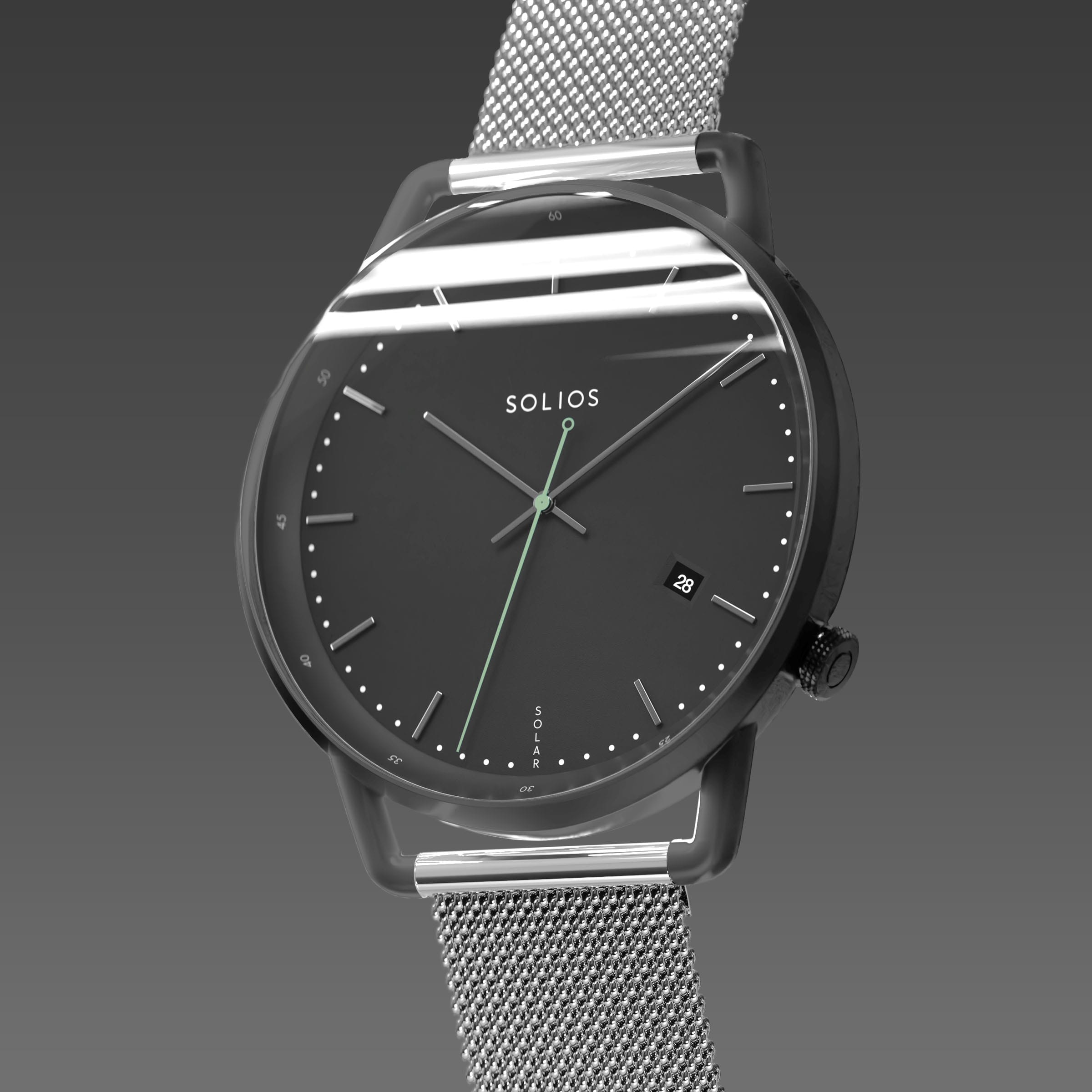 Solios Solar Curve, black dial and mat black case, at a three-quarter angle, silver hands and indices, green second hand, date calendar, curved sapphire crystal, silver mesh metal strap