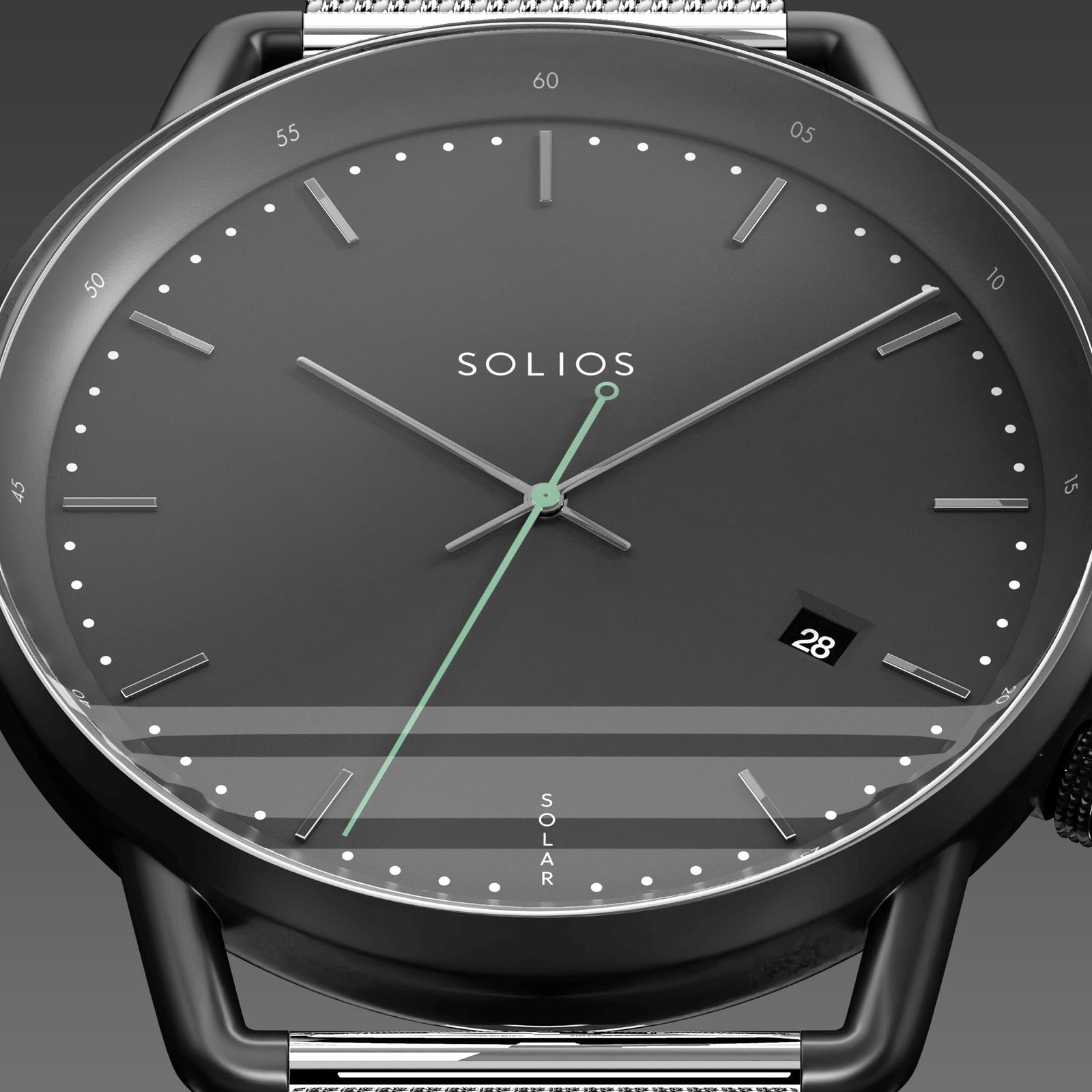 Close-up of the Solios Solar Curve black dial with silver hands hands, green second hand, date and SOLAR text, silver mesh strap